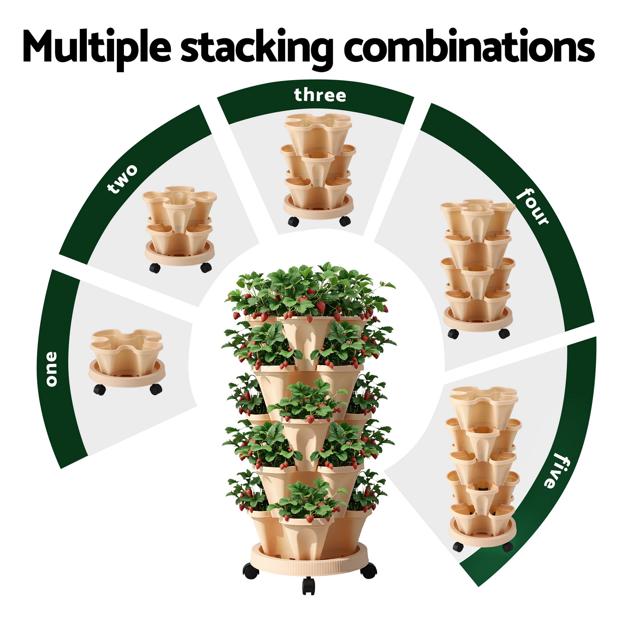 Green Fingers Garden Bed 5 Tier Vertical Garden Grey Strawberry Stackable Planters Herbs Beige - Image 6