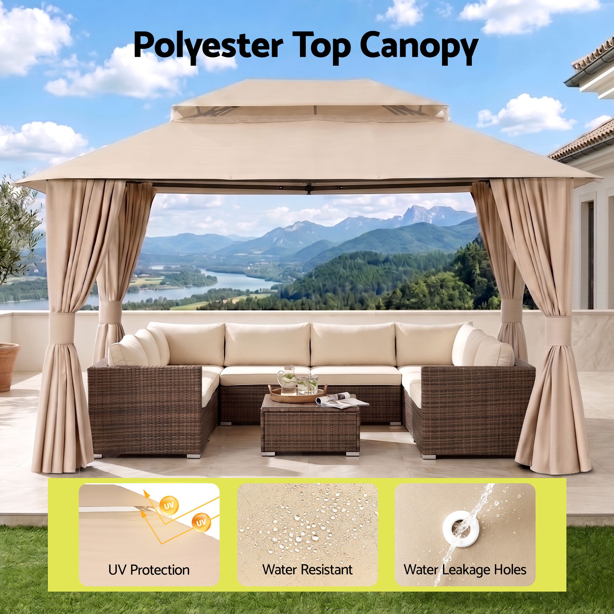 Instahut Gazebo 3x4m Canopy Outdoor Steel Frame Patio Tent Curtains Marquee Beige - Image 4