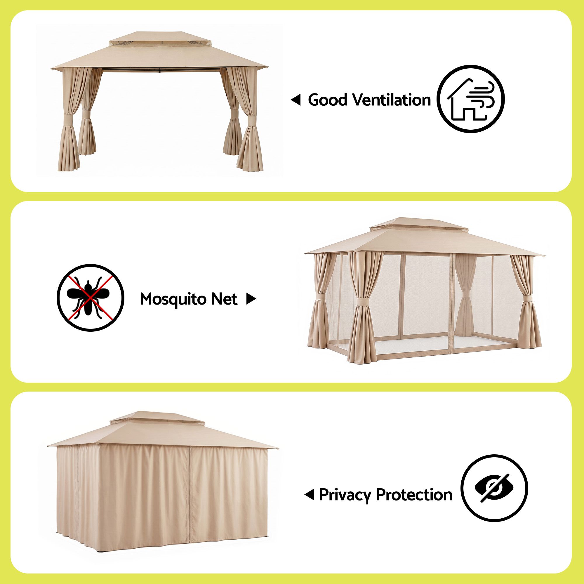 Instahut Gazebo 3x4m Canopy Outdoor Steel Frame Patio Tent Curtains Marquee Beige - Image 7