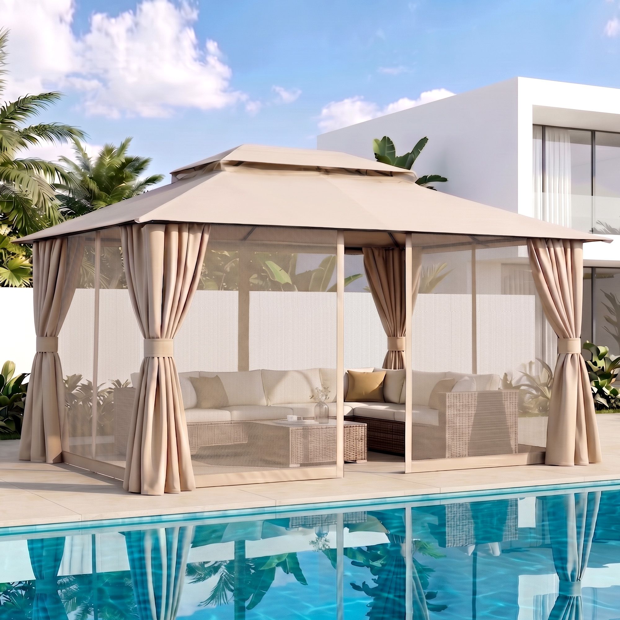 Instahut Gazebo 3x4m Canopy Outdoor Steel Frame Patio Tent Curtains Marquee Beige - Image 8