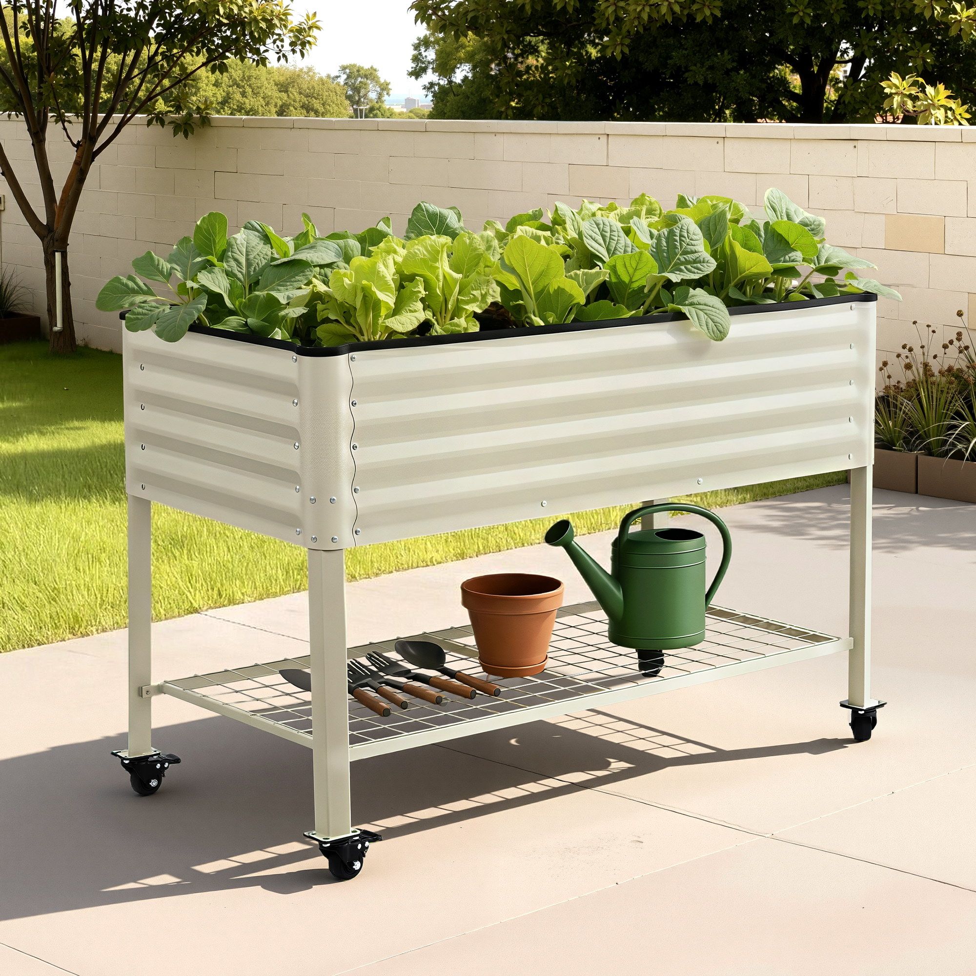 Green Fingers Mobile Raised Garden Bed With Wheels Storage Shelf 81cm Height for Vegetables Herb White - Image 1