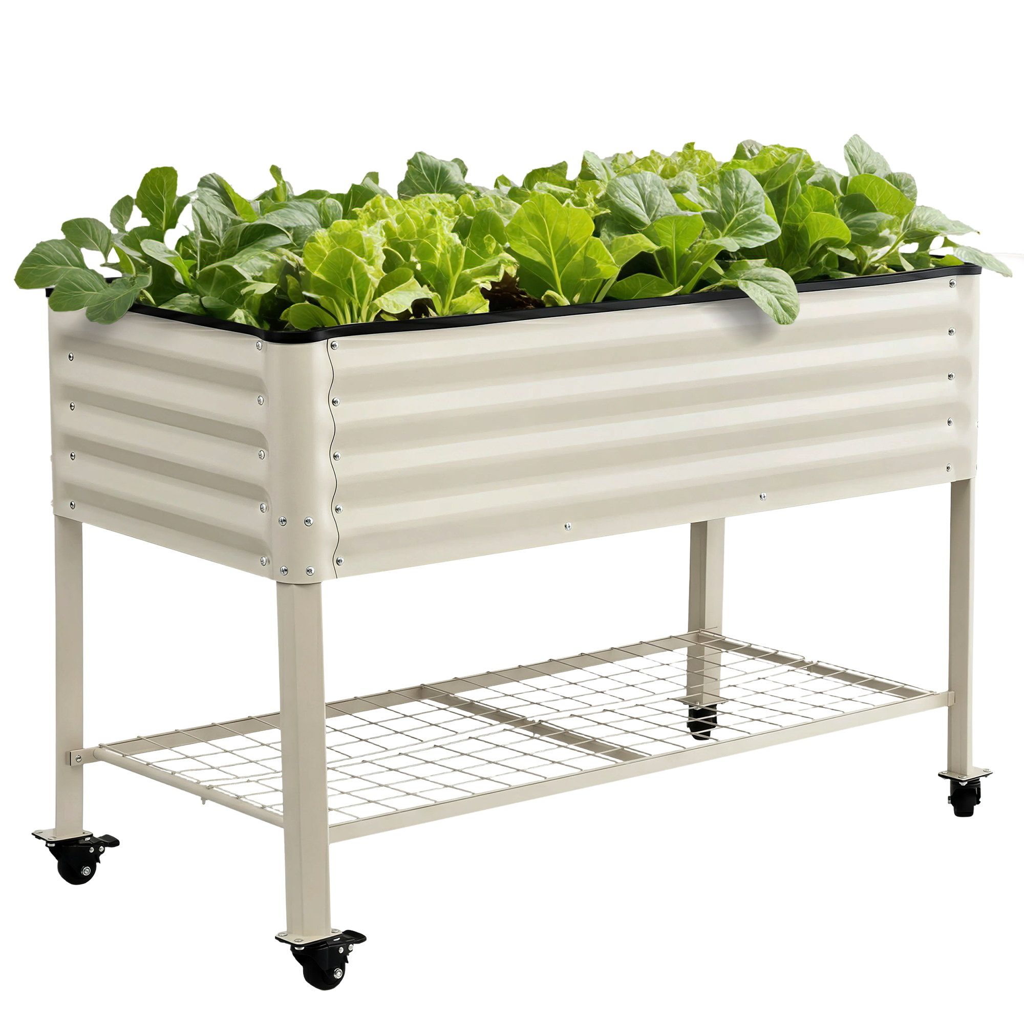 Green Fingers Mobile Raised Garden Bed With Wheels Storage Shelf 81cm Height for Vegetables Herb White - Image 2