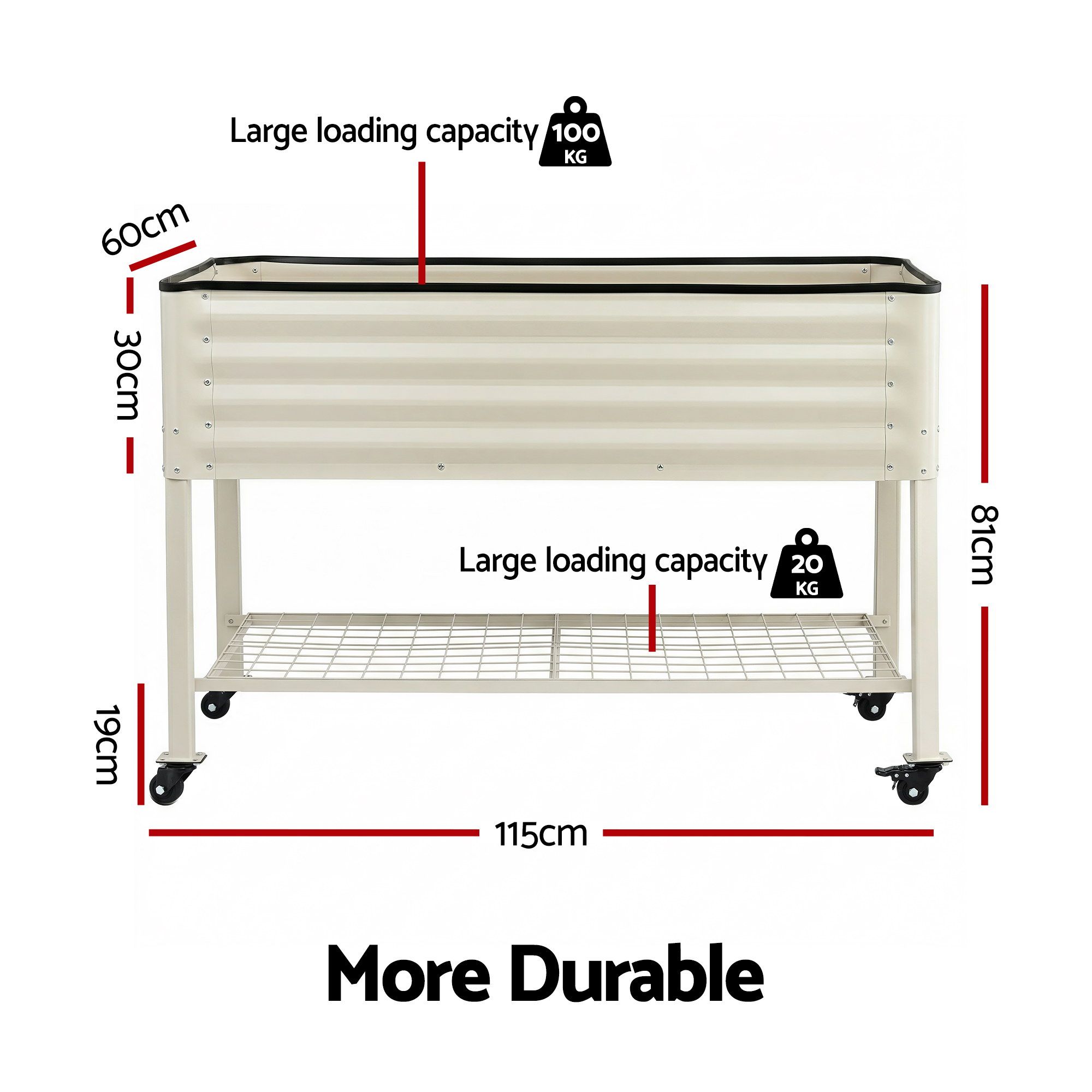 Green Fingers Mobile Raised Garden Bed With Wheels Storage Shelf 81cm Height for Vegetables Herb White - Image 3