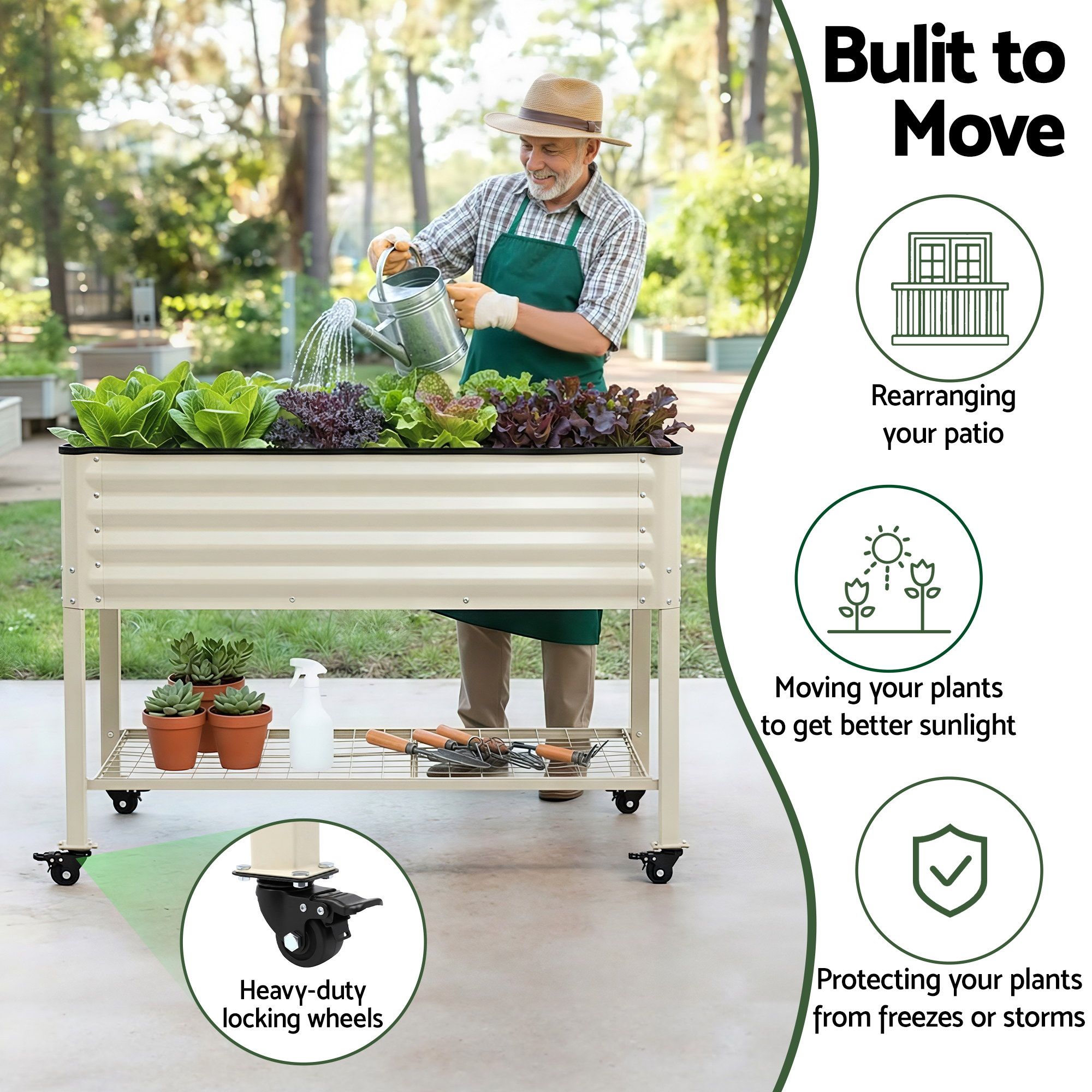 Green Fingers Mobile Raised Garden Bed With Wheels Storage Shelf 81cm Height for Vegetables Herb White - Image 5
