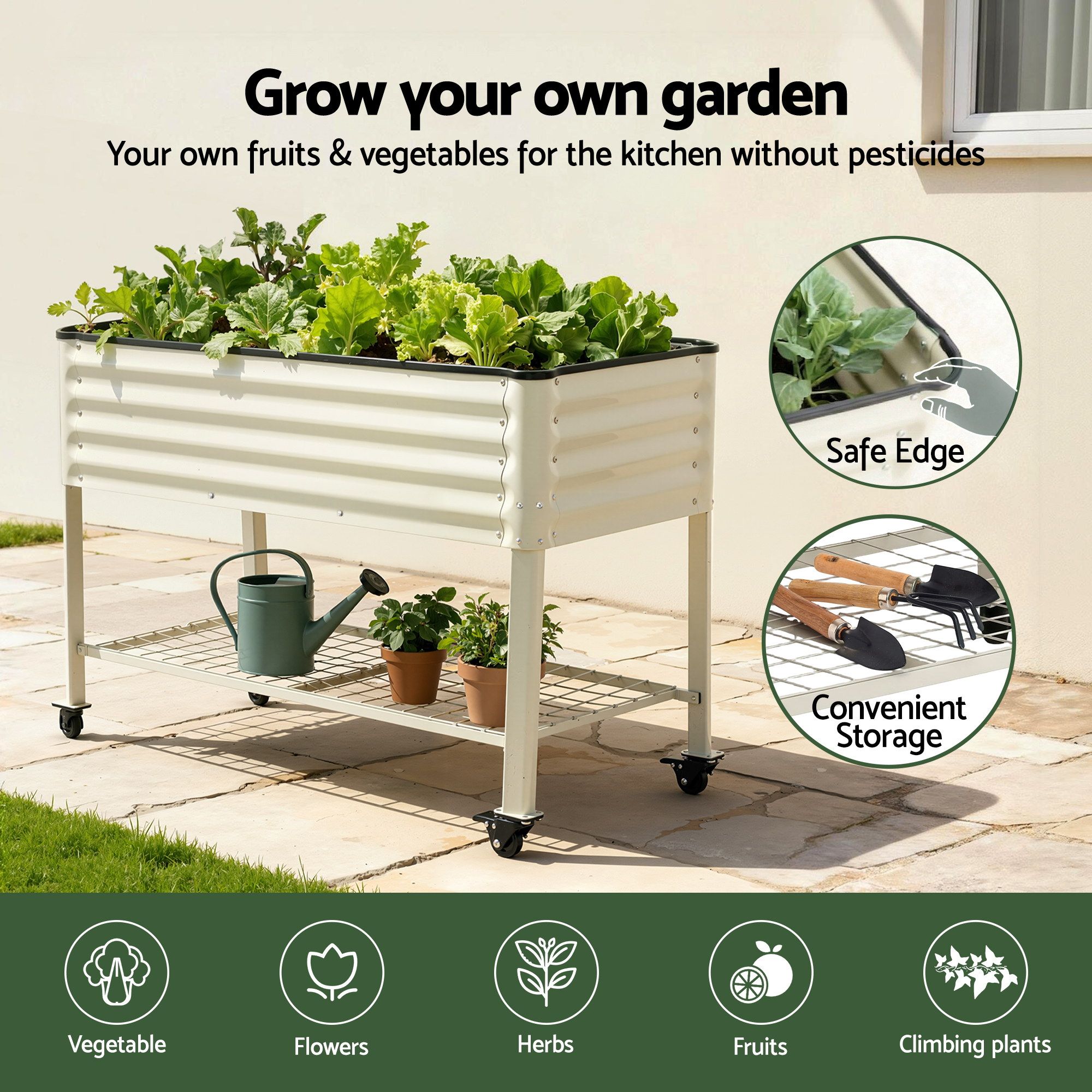 Green Fingers Mobile Raised Garden Bed With Wheels Storage Shelf 81cm Height for Vegetables Herb White - Image 8