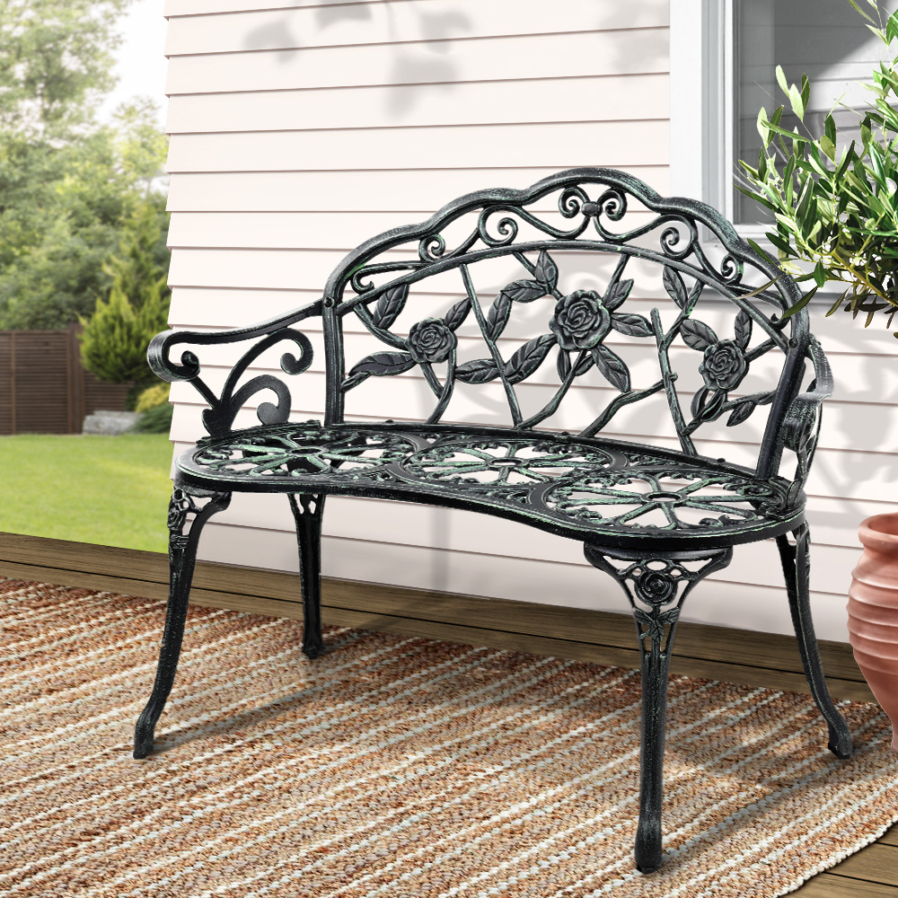 Gardeon Outdoor Garden Bench Seat 100cm Cast Aluminium Patio Chair Vintage Green - Image 1