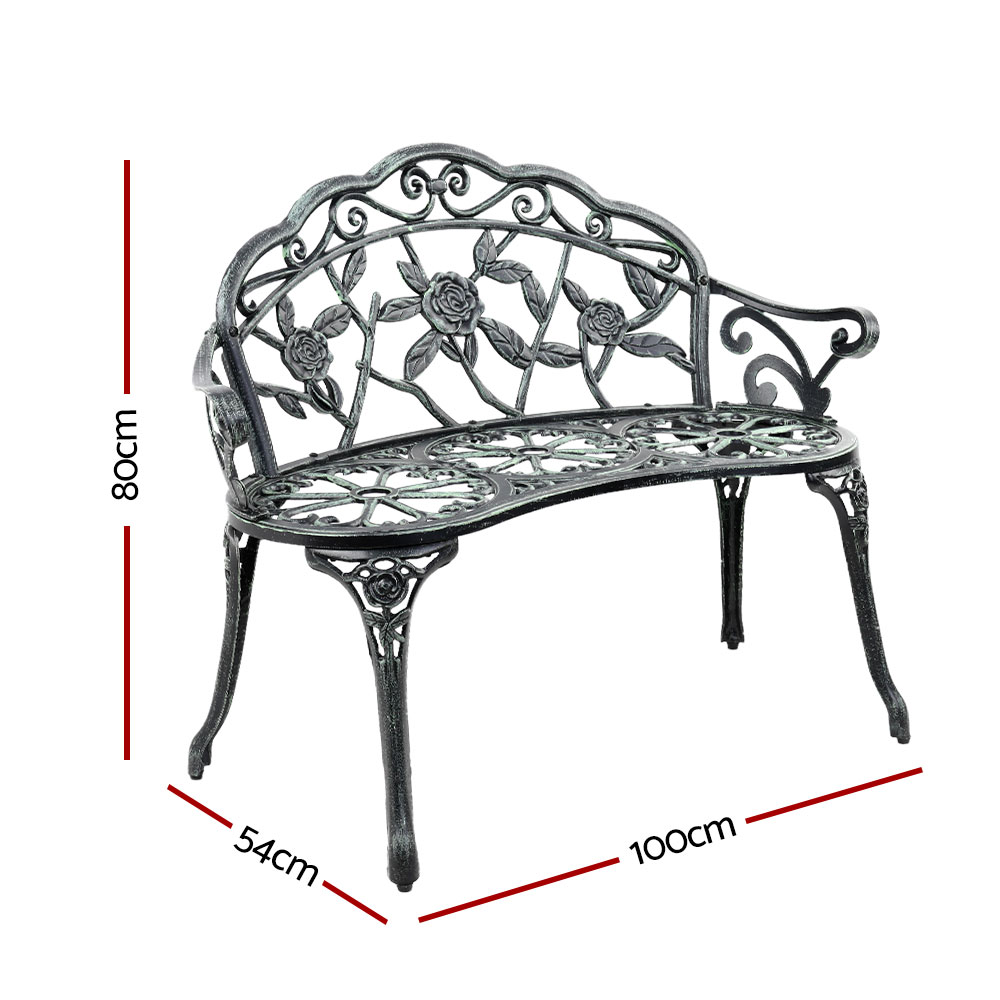 Gardeon Outdoor Garden Bench Seat 100cm Cast Aluminium Patio Chair Vintage Green - Image 2