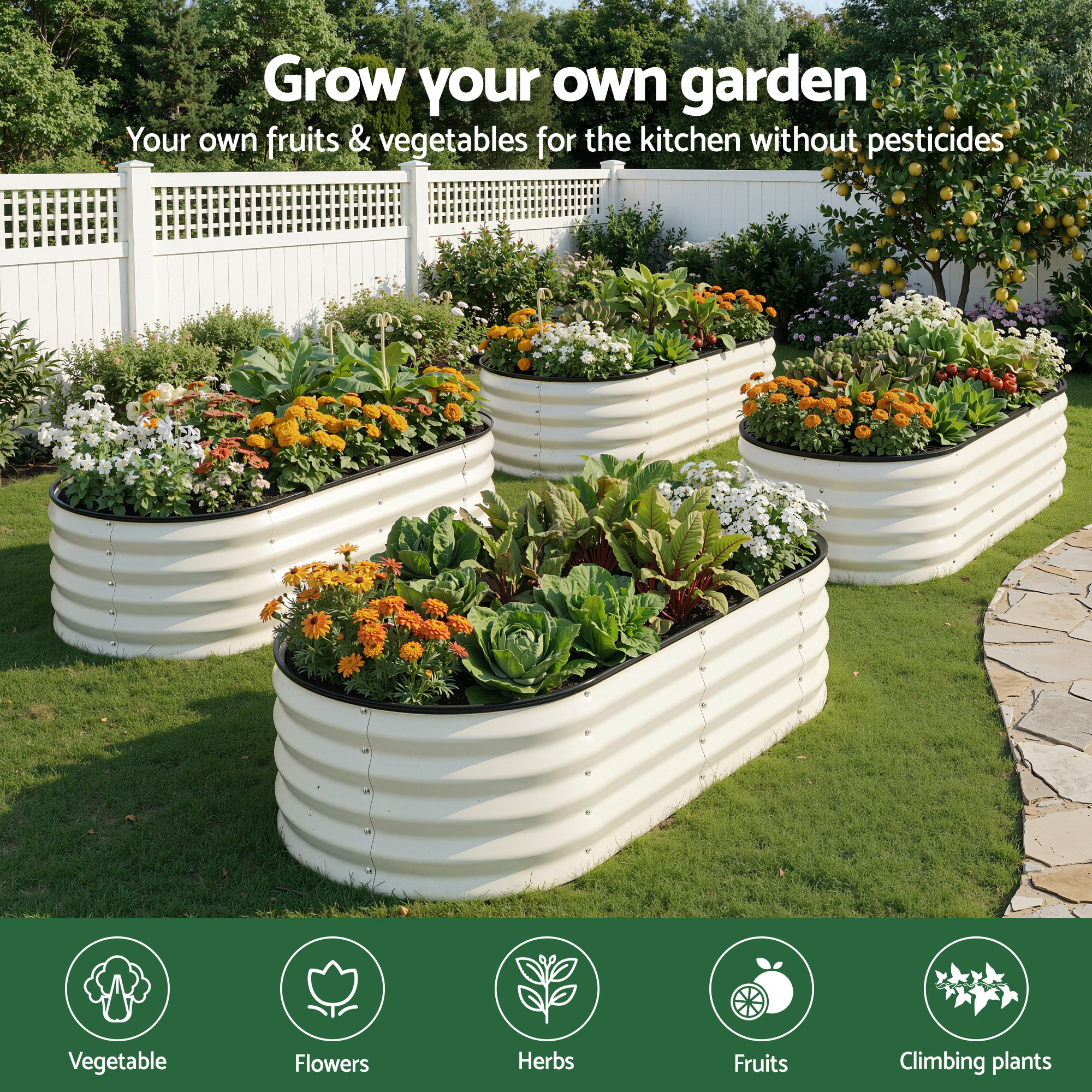 Green Fingers Raised Garden Bed 2 Pack Galvanised Planter Box Rust Resistant 120x60x30cm White - Image 4