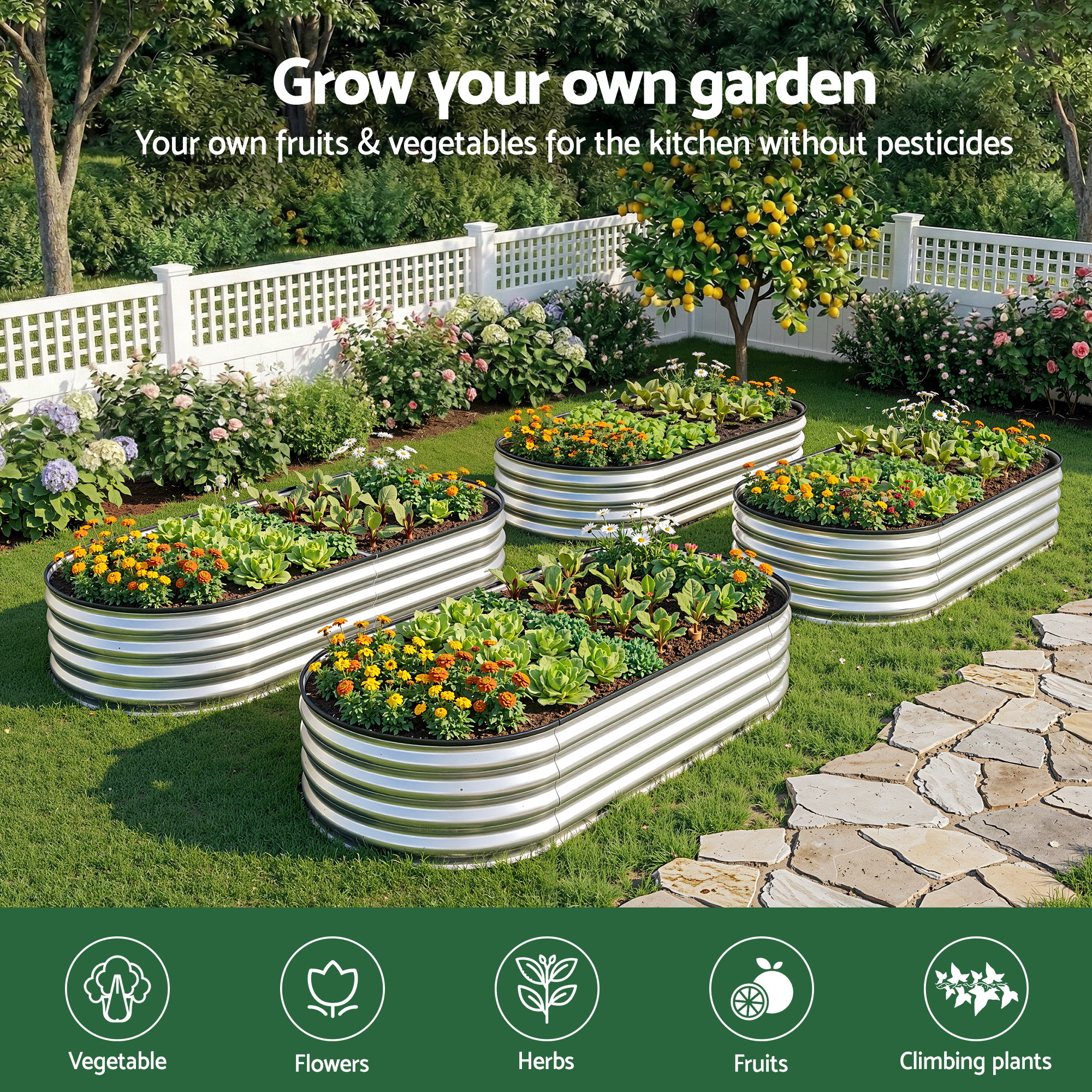 Green Fingers Raised Garden Bed Galvanised Oval Metal Planter Box Large Outdoor 150x70x30cm Silver - Image 4