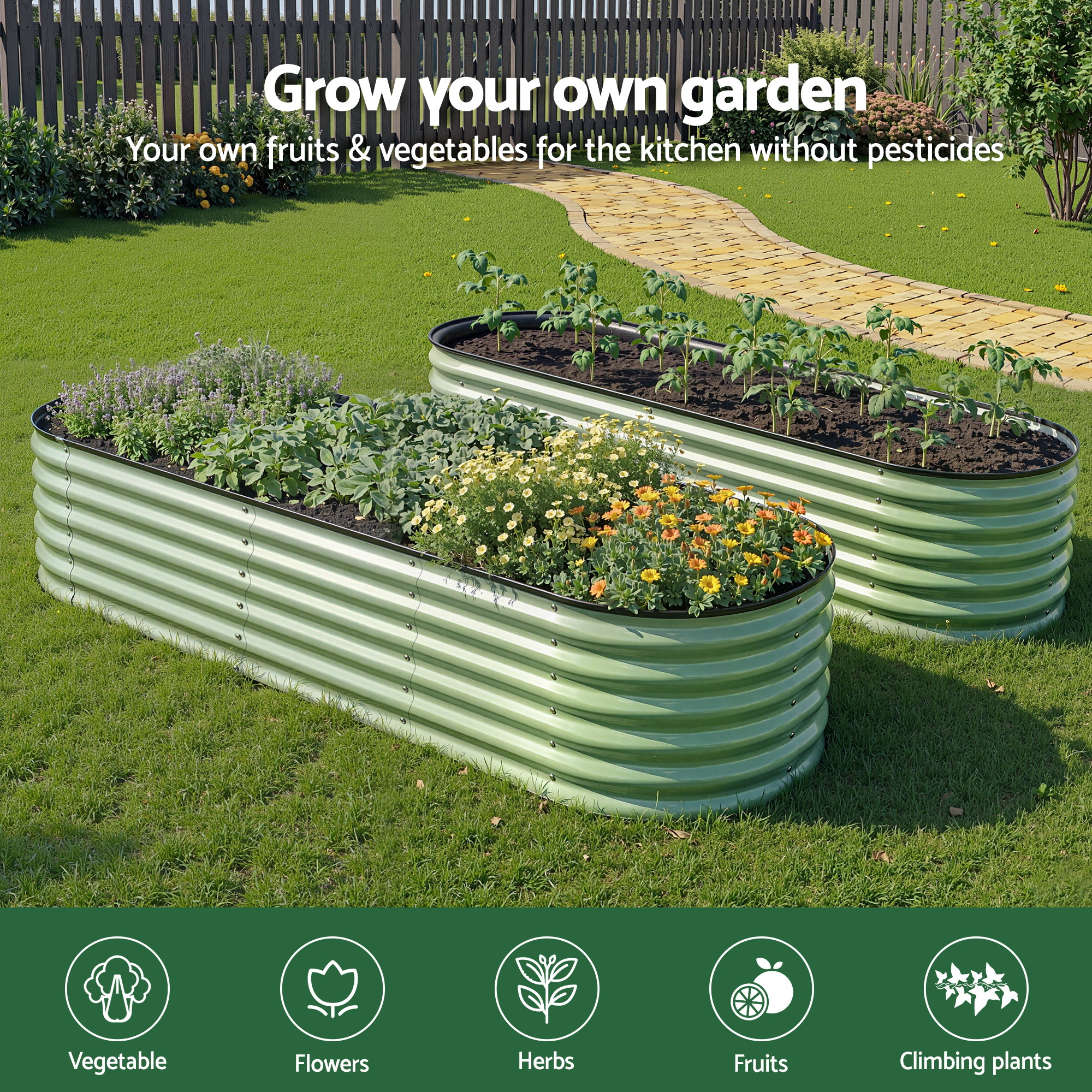 Green Fingers Oval Raised Garden Bed Galvanised Planter Box Rust Resistant 240x60x45cm Green - Image 4