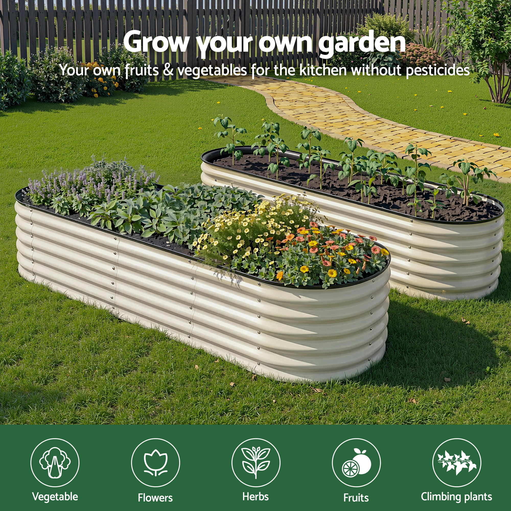 Green Fingers Oval Raised Garden Bed Galvanised Planter Box Rust Resistant 240x60x45cm White - Image 4