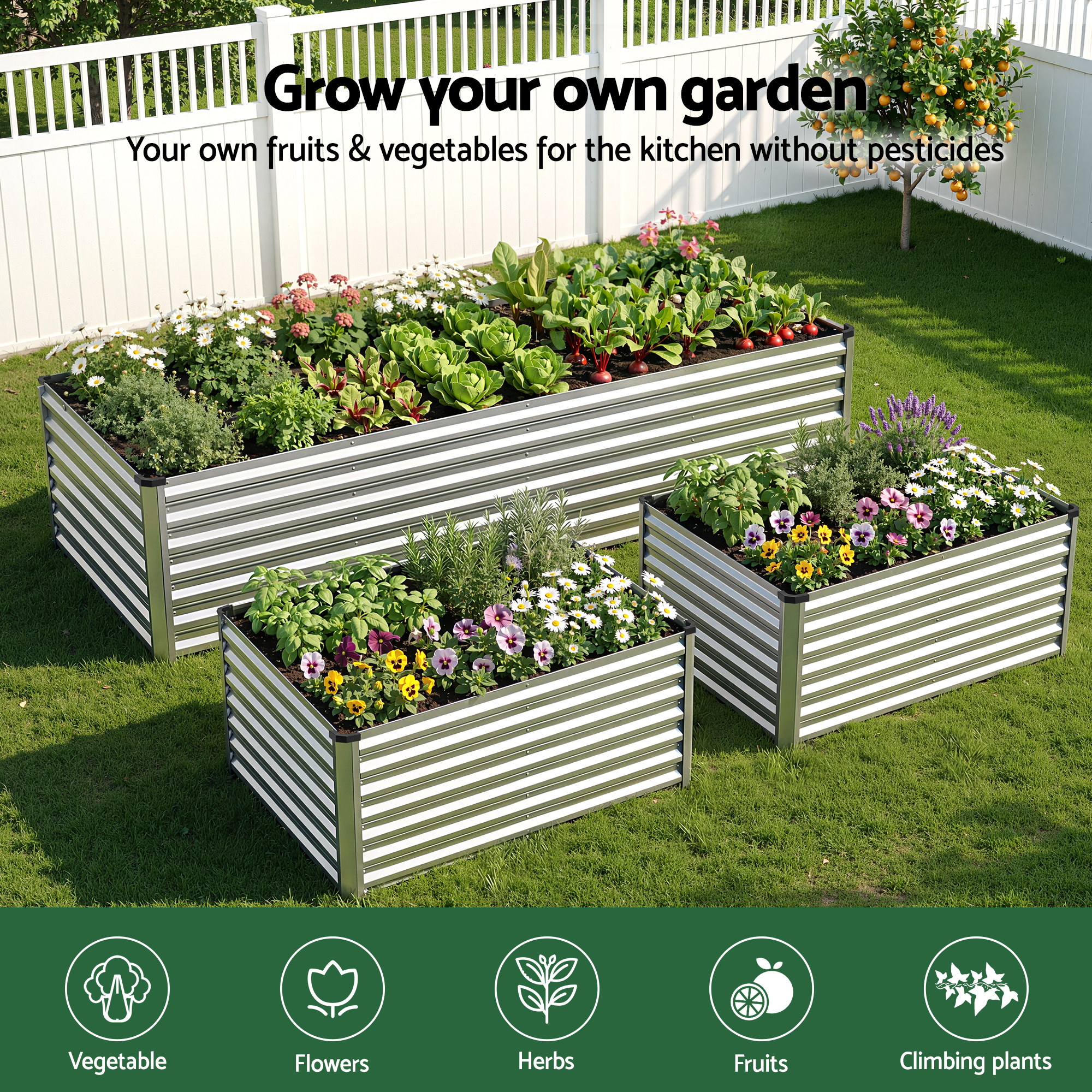 Green Fingers Raised Garden Bed 2 in 1 Modular Galvanised Planter Box Rust Resistant 240x80x60cm - Image 4