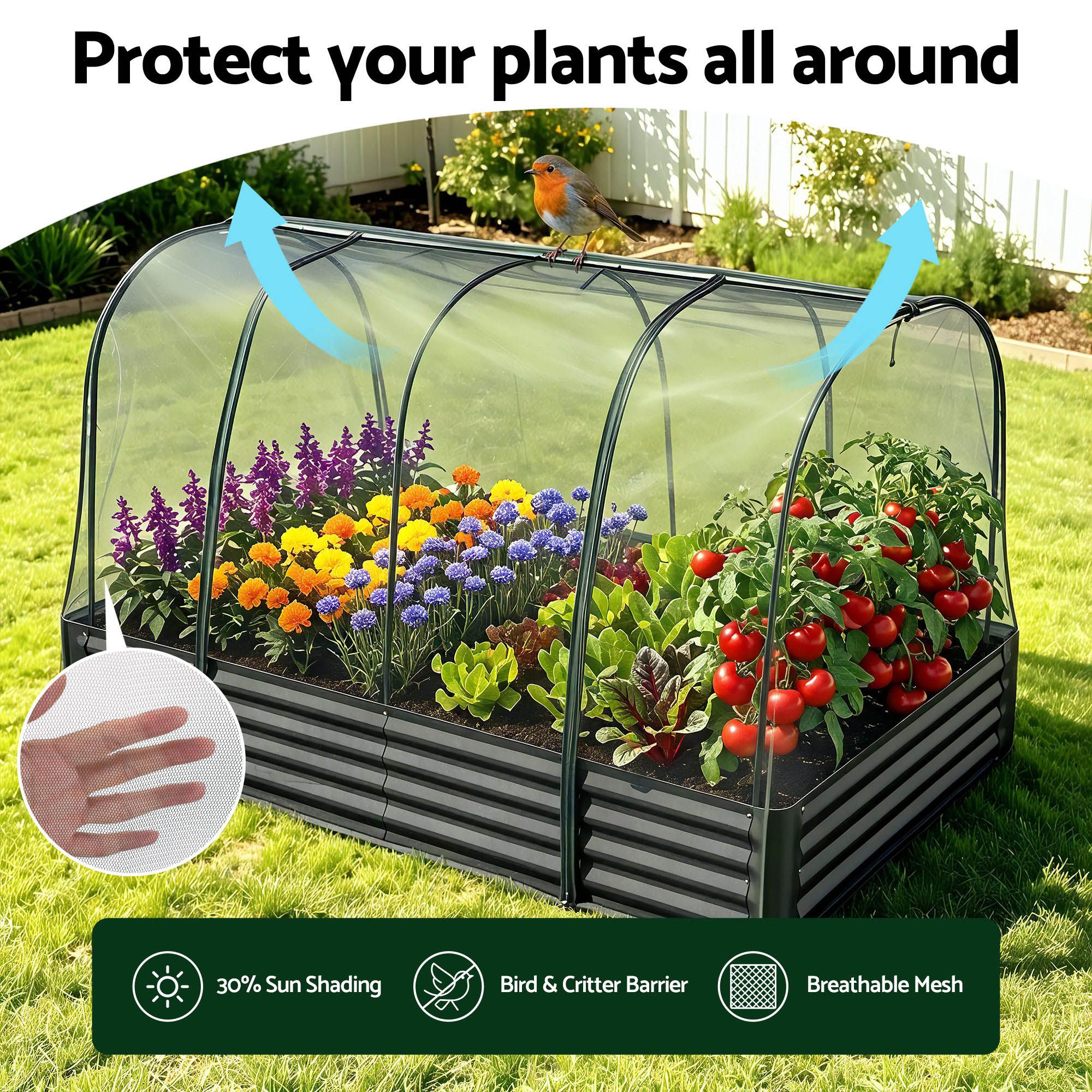 Green Fingers Raised Garden Bed with Mesh Netting Galvanised Planter Box Bird Proof 180x90x120cm - Image 5
