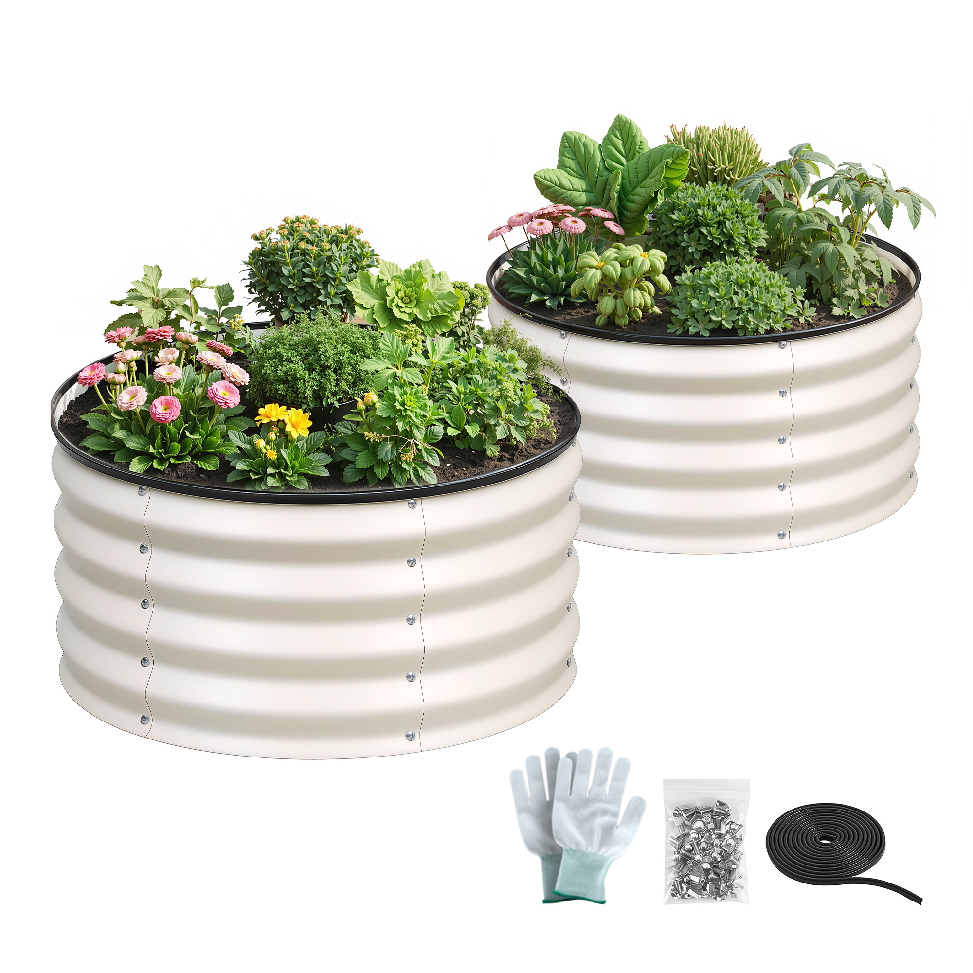 Green Fingers Round Raised Garden Bed 2 Pack Galvanised Planter Box Rust Resistant 60x60x30cm White - Image 1