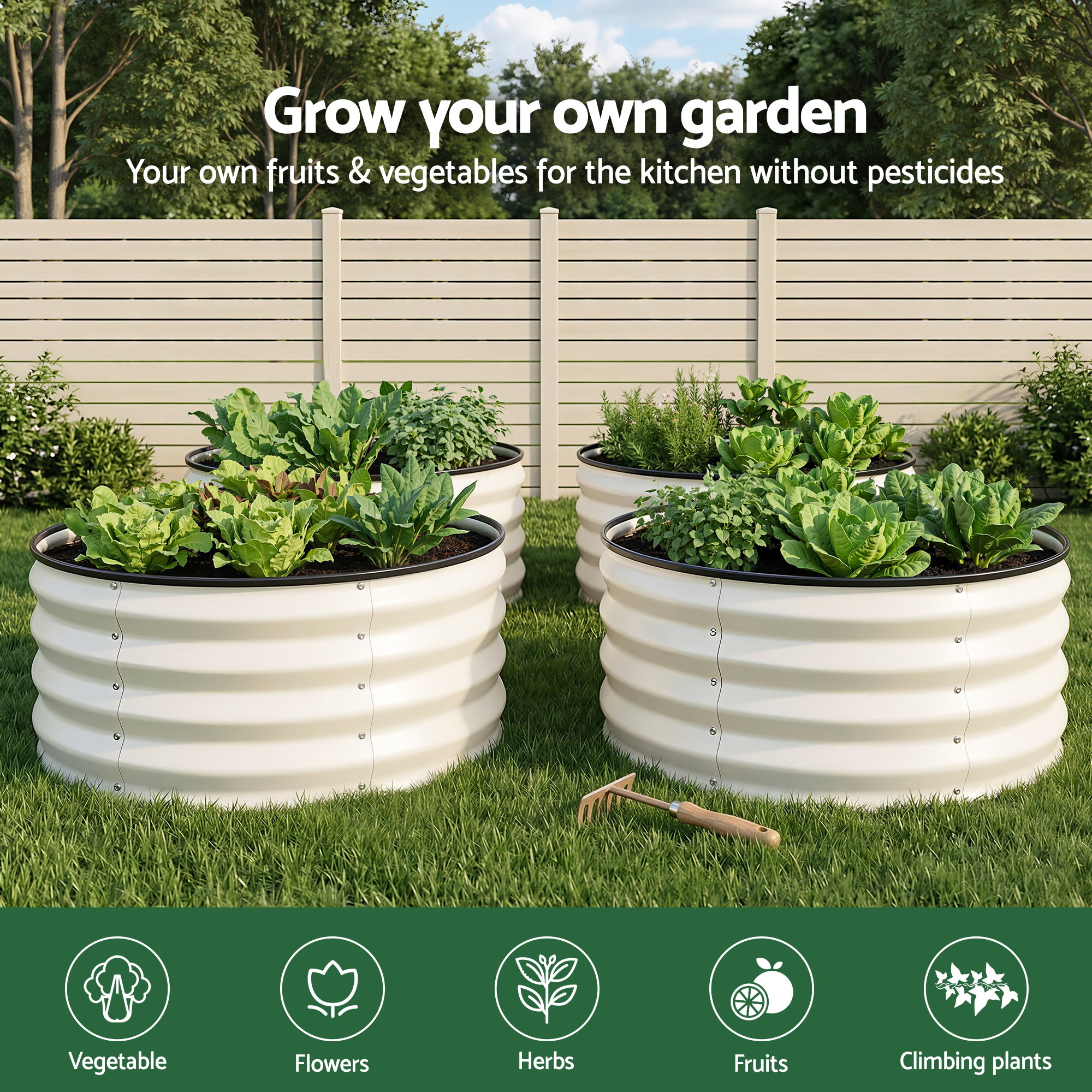 Green Fingers Round Raised Garden Bed 2 Pack Galvanised Planter Box Rust Resistant 60x60x30cm White - Image 4