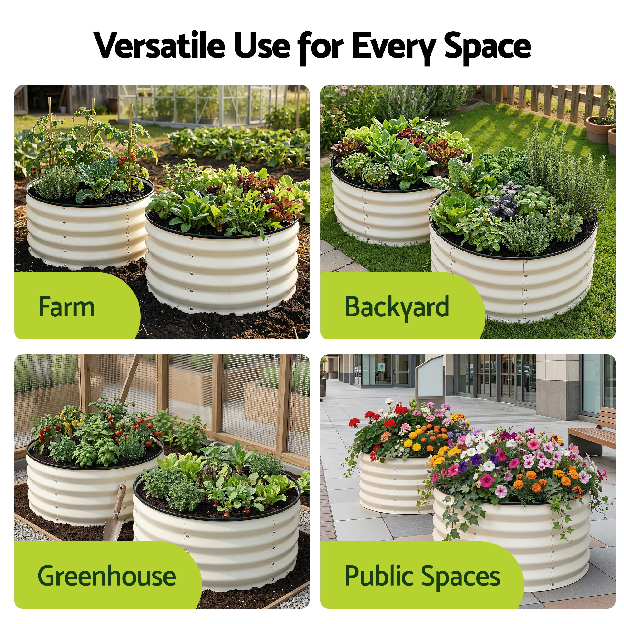 Green Fingers Round Raised Garden Bed 2 Pack Galvanised Planter Box Rust Resistant 60x60x30cm White - Image 6