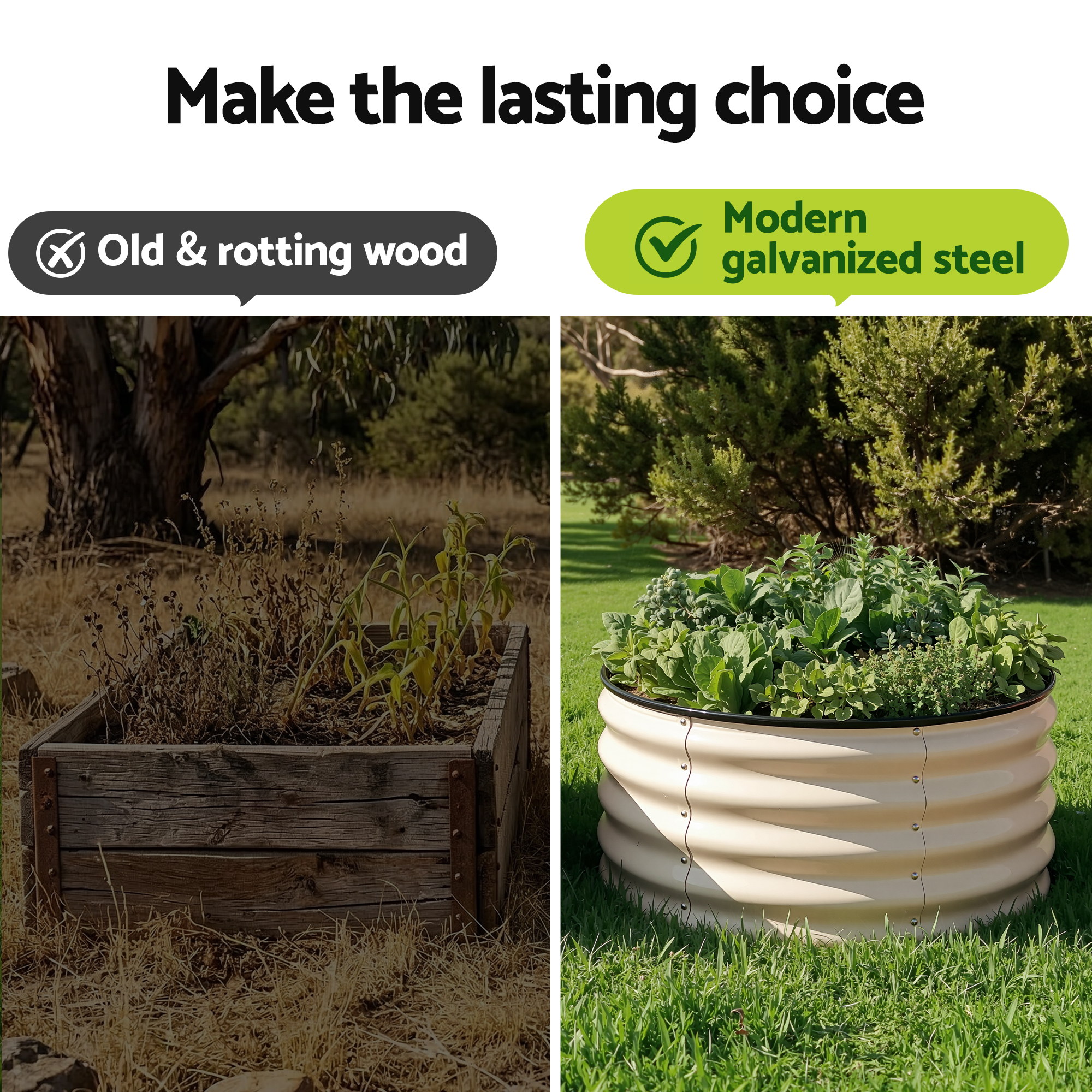 Green Fingers Round Raised Garden Bed 2 Pack Galvanised Planter Box Rust Resistant 60x60x30cm White - Image 7