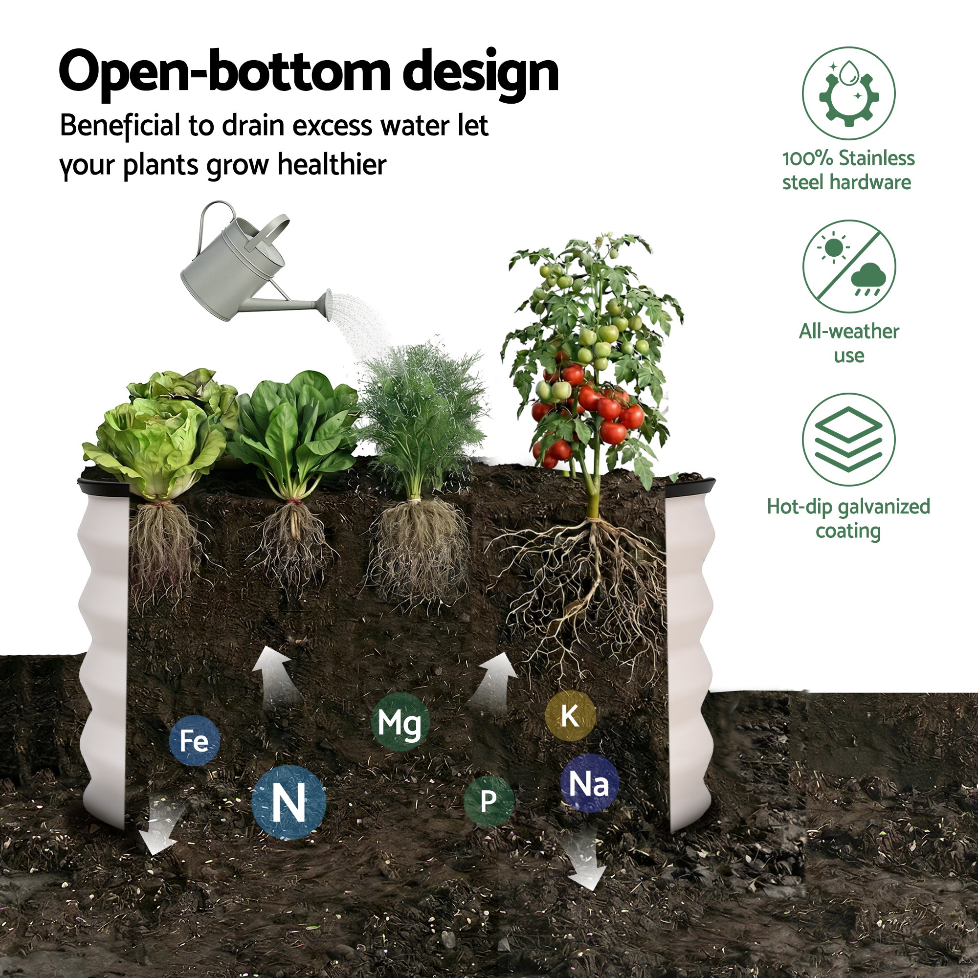 Green Fingers Round Raised Garden Bed 2 Pack Galvanised Planter Box Rust Resistant 60x60x30cm White - Image 8
