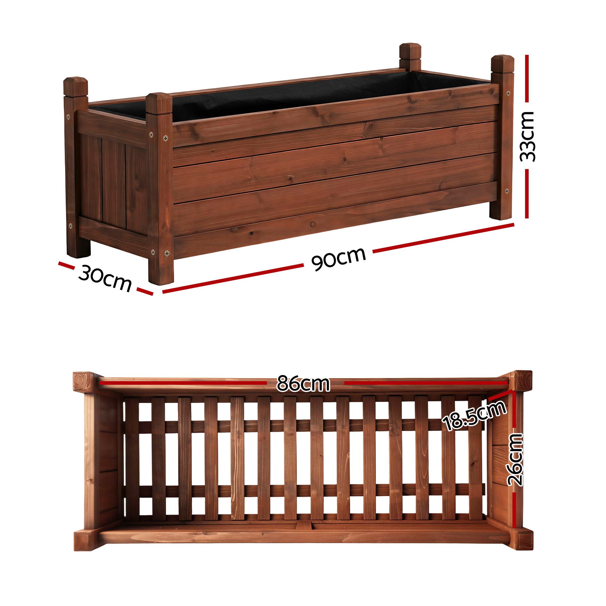 Green Fingers Garden Bed Wooden Planter Box Raised Container Growing 90x30x33cm Brown - Image 3