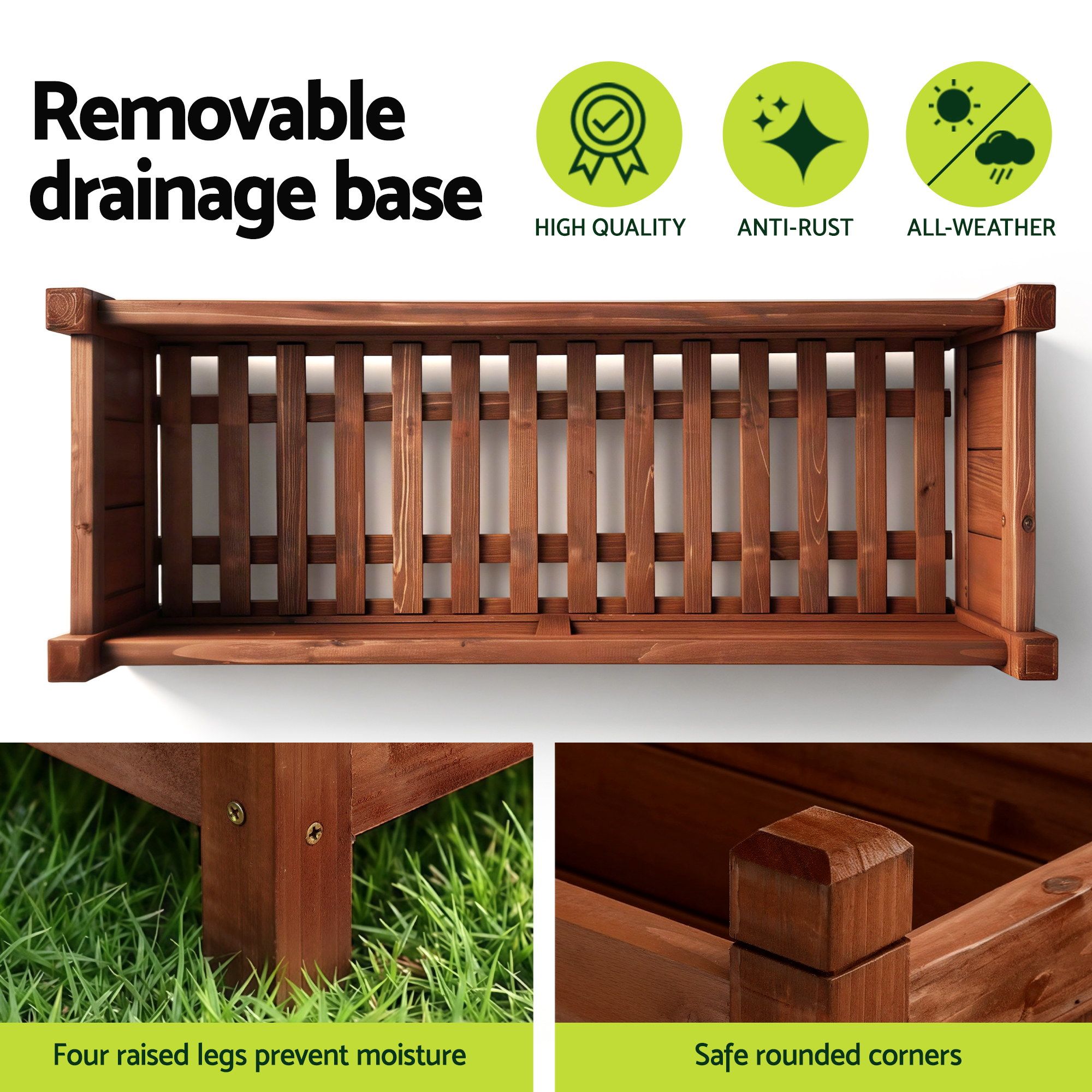 Green Fingers Garden Bed Wooden Planter Box Raised Container Growing 90x30x33cm Brown - Image 6