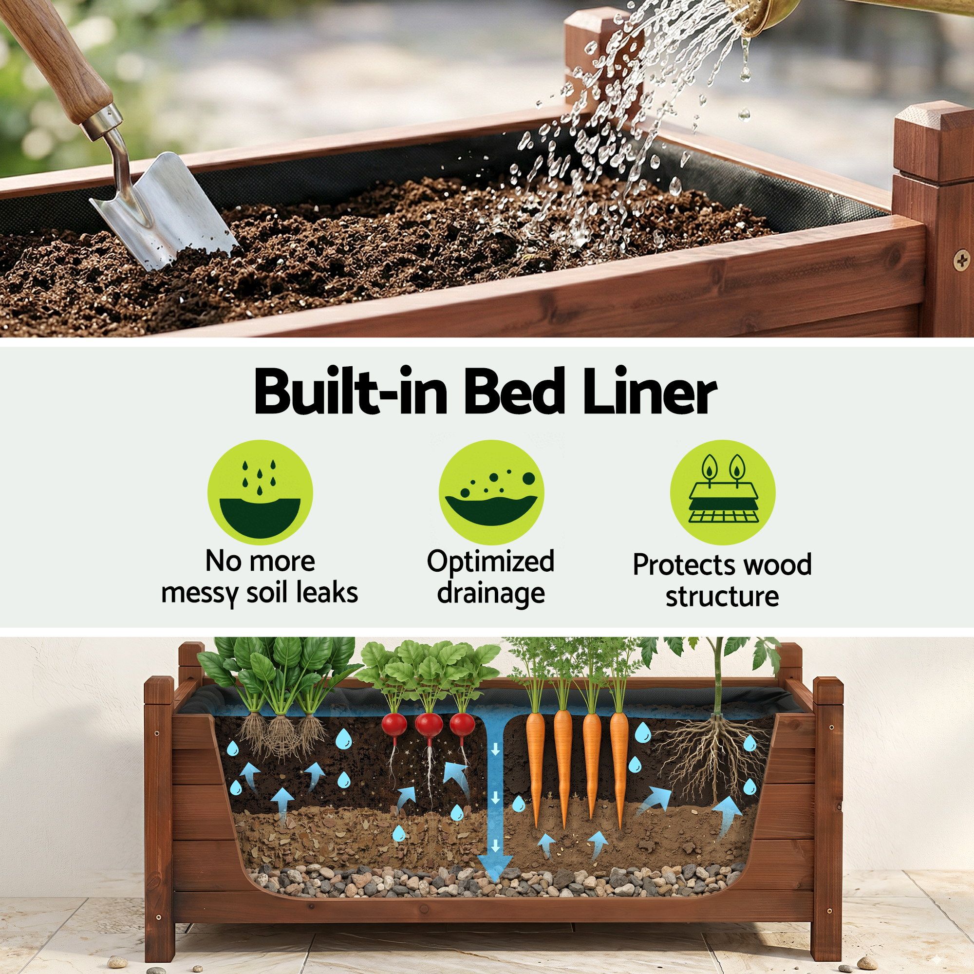 Green Fingers Garden Bed Wooden Planter Box Raised Container Growing 90x30x33cm Brown - Image 7