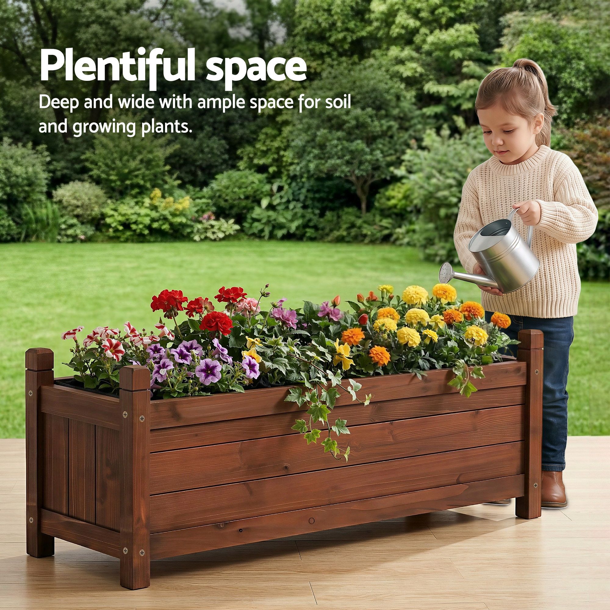 Green Fingers Garden Bed Wooden Planter Box Raised Container Growing 90x30x33cm Brown - Image 8