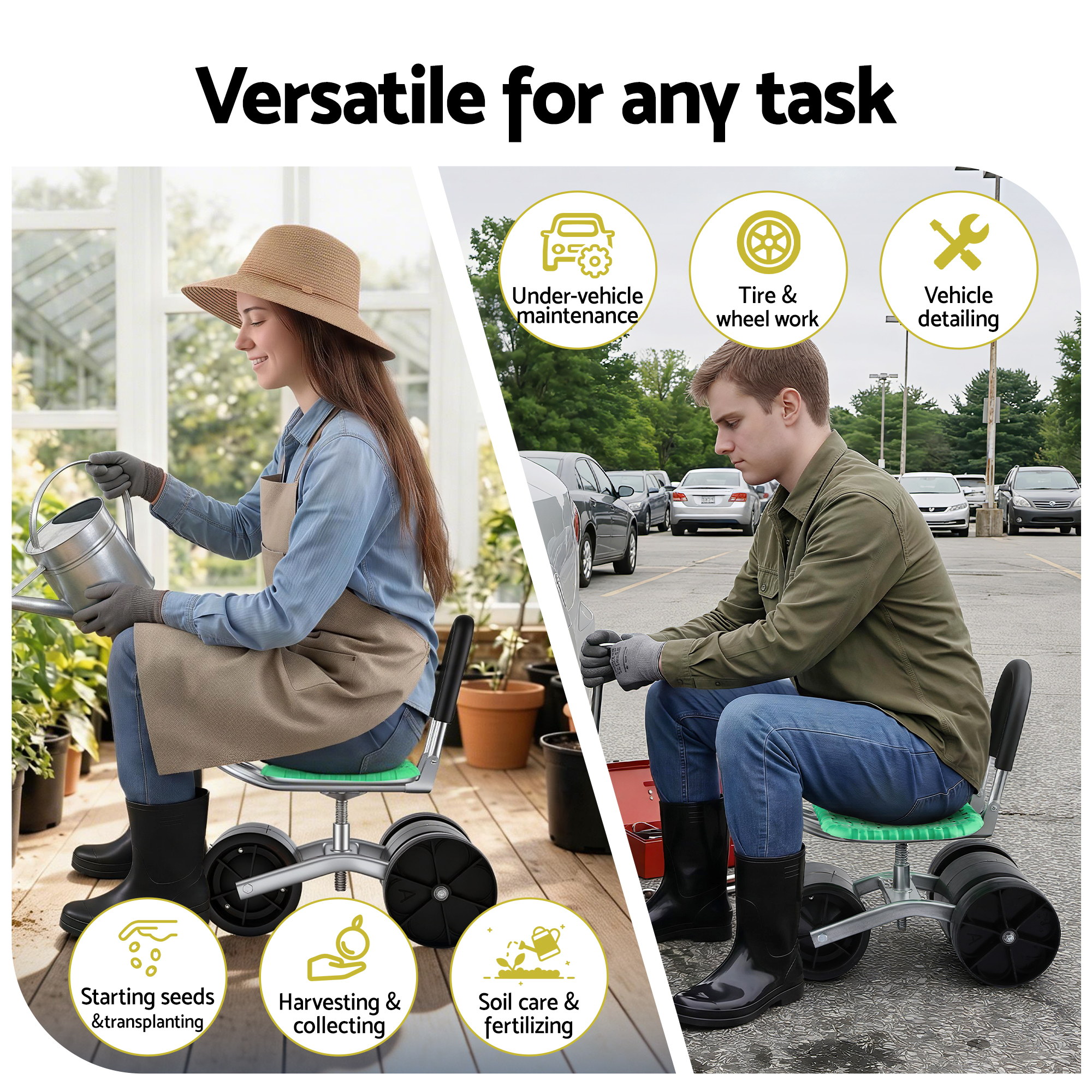 Gardeon Gardening Cart with 360° Swivel Seat | Rolling Work Seat with Adjustable Height & All-Terrain Wheels | 130KG Capacity Heavy Duty Garden Scooter for Back Pain Relief & Vehicle Detailing | Foldable Backrest & Ventilated Seat, Green - Image 4