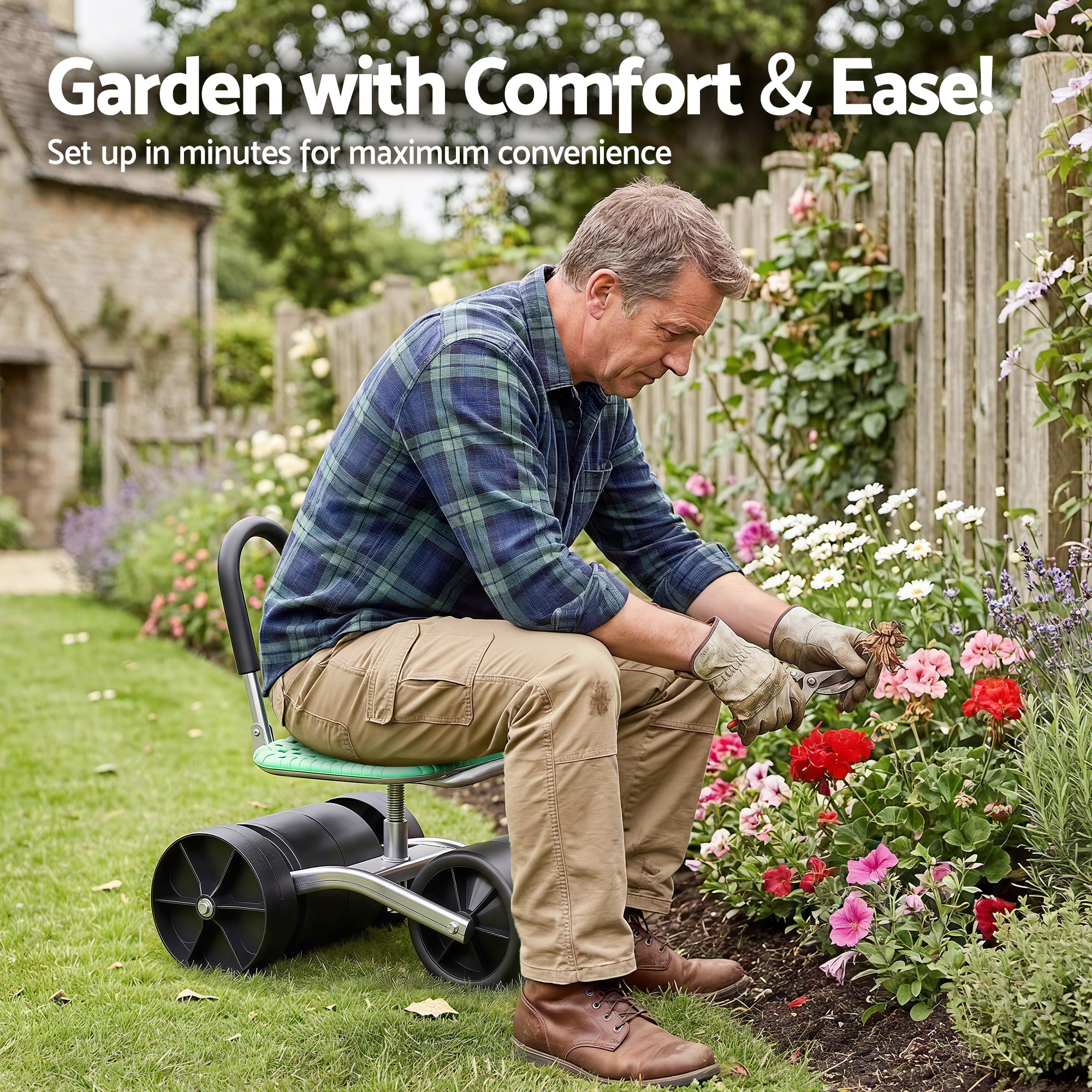 Gardeon Gardening Cart with 360° Swivel Seat | Rolling Work Seat with Adjustable Height & All-Terrain Wheels | 130KG Capacity Heavy Duty Garden Scooter for Back Pain Relief & Vehicle Detailing | Foldable Backrest & Ventilated Seat, Green - Image 8