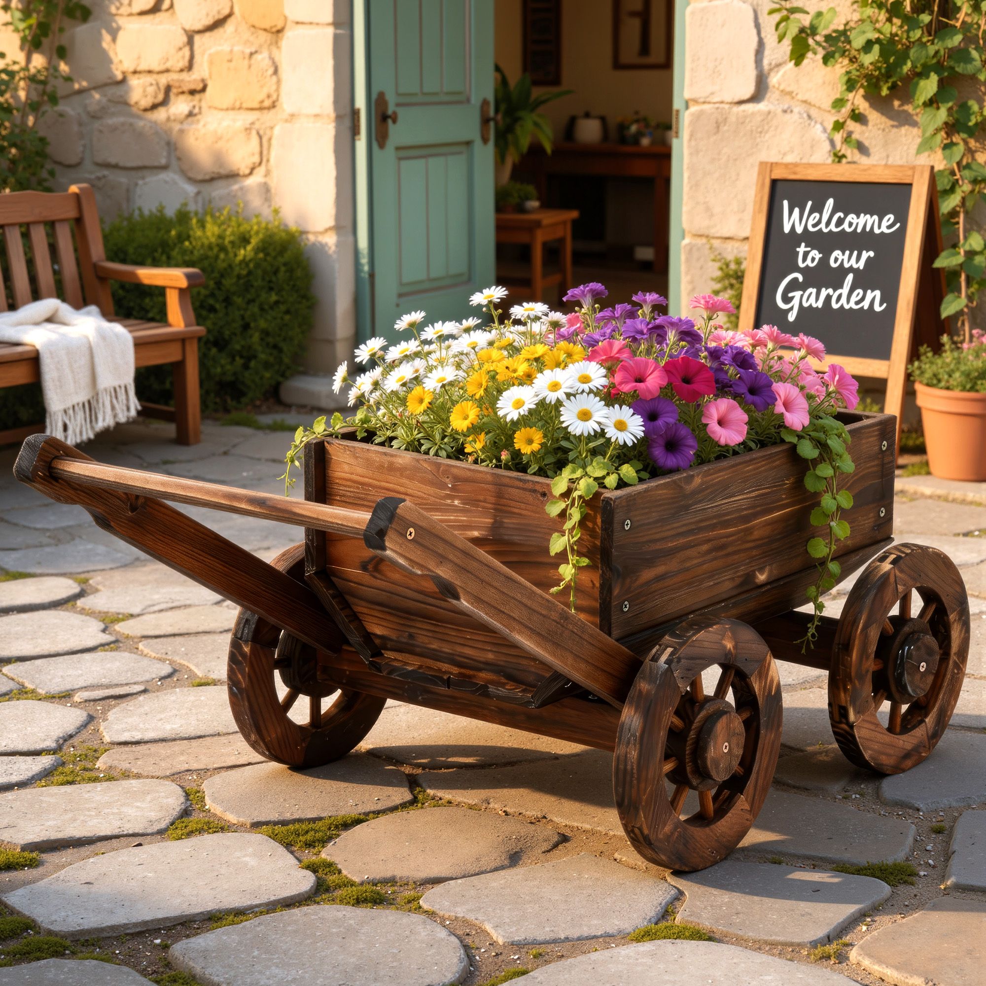 Gardeon Wooden Planter Cart Garden Decor Plant Stand Flower Fir Wood Wagon Wheels L - Image 1