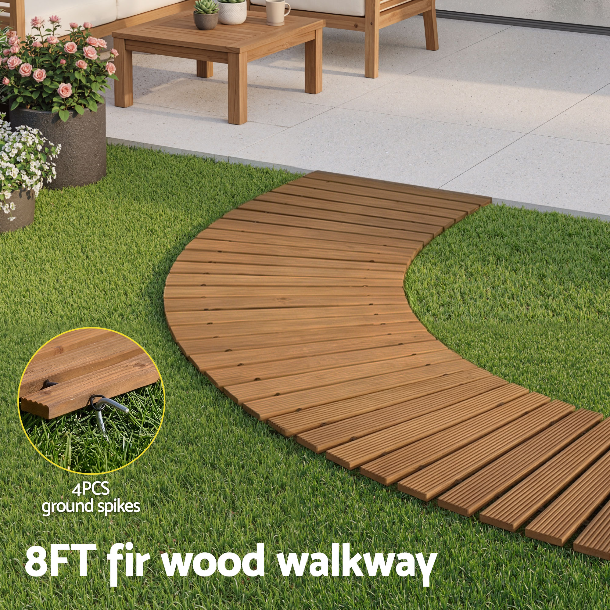 Gardeon 8FT Wooden Garden Pathway Roll-Out Curved Walkway Outdoor Backyard Brown - Image 4