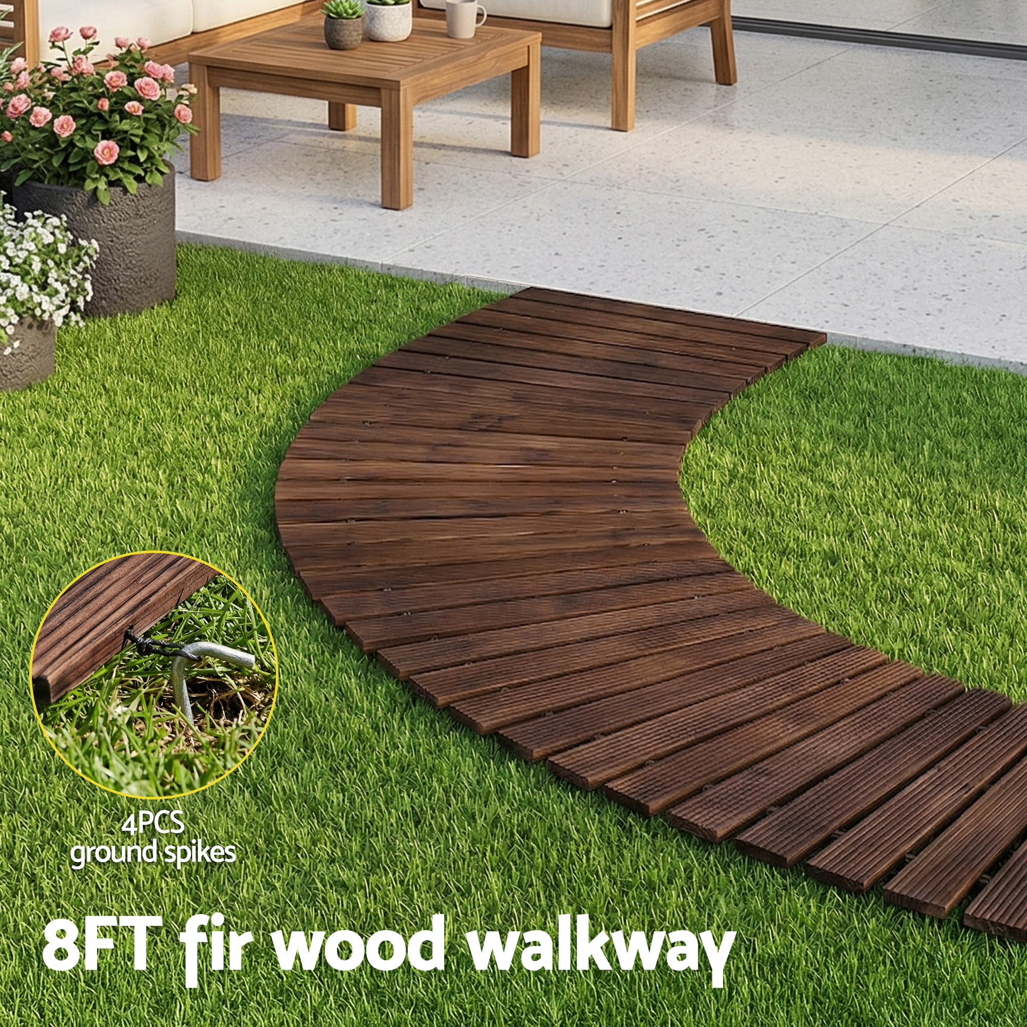 Gardeon 8FT Wooden Garden Pathway Roll-Out Curved Walkway Outdoor Backyard Charcoal Brown - Image 4