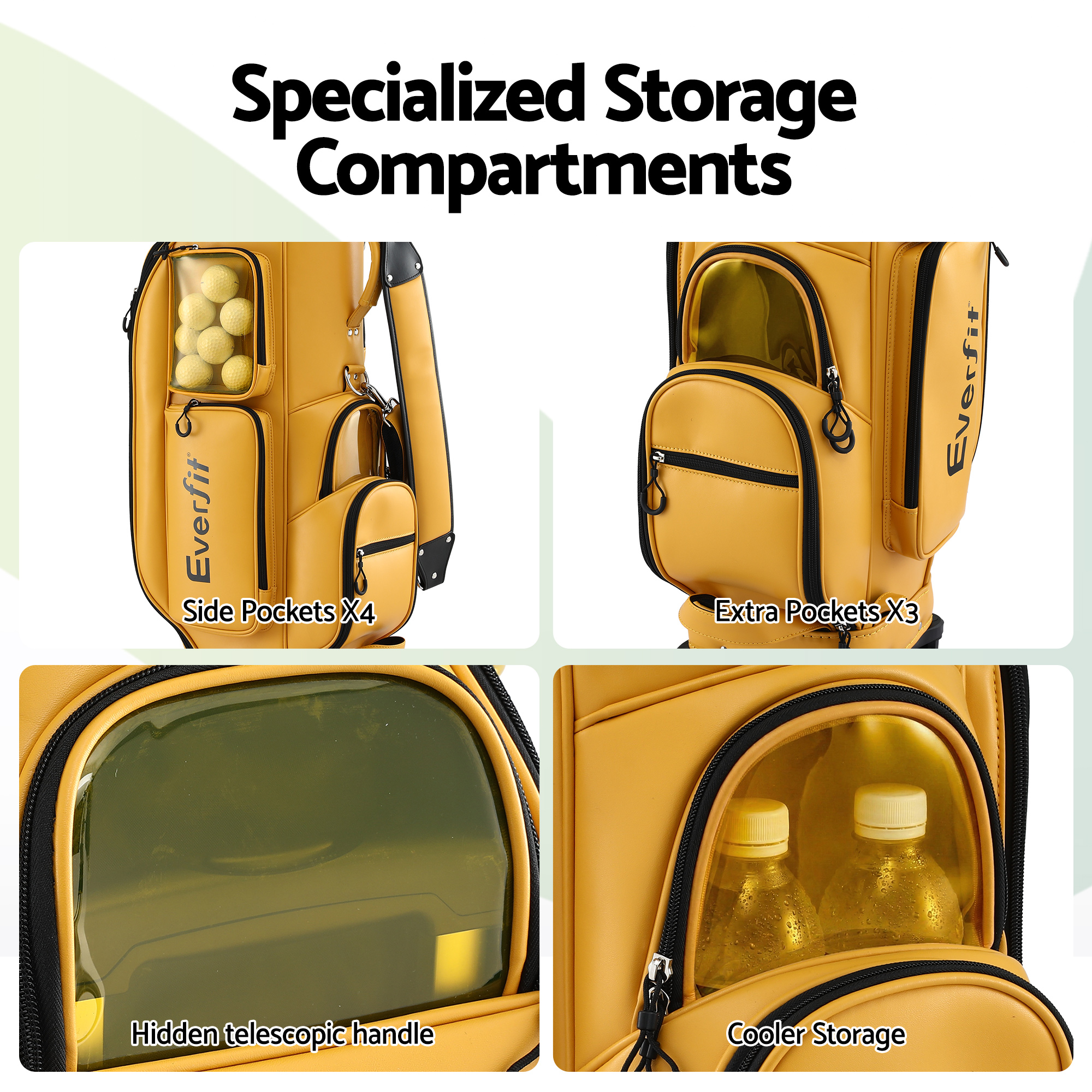 Everfit Golf Cart Bag Rolling Buggy Club Organiser Synthetic Leather Yellow - Image 8
