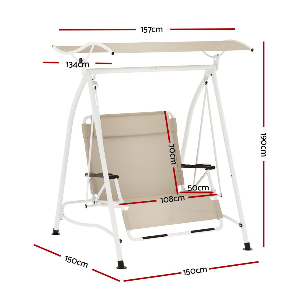 Gardeon Outdoor Swing Chair Garden Lounger Furniture Canopy 2 Seater Beige - Image 2