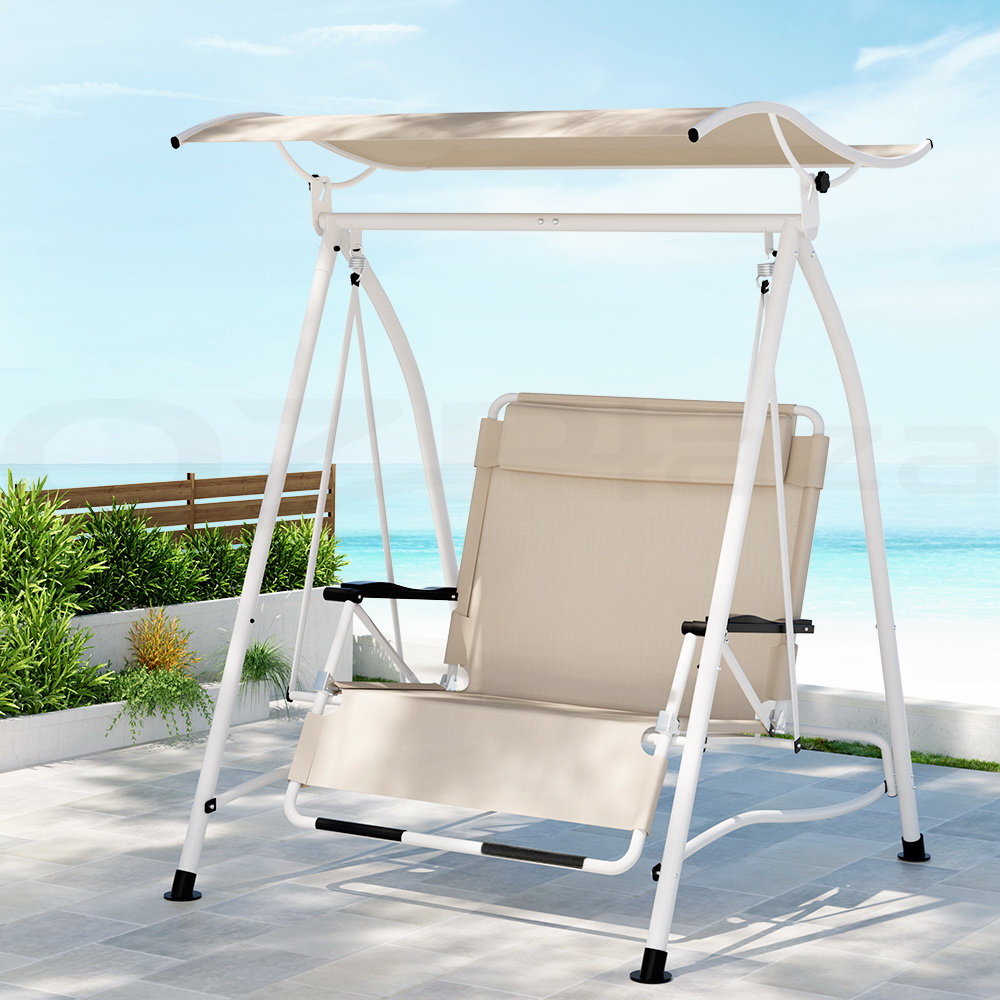 Gardeon Outdoor Swing Chair Garden Lounger Furniture Canopy 2 Seater Beige - Image 7