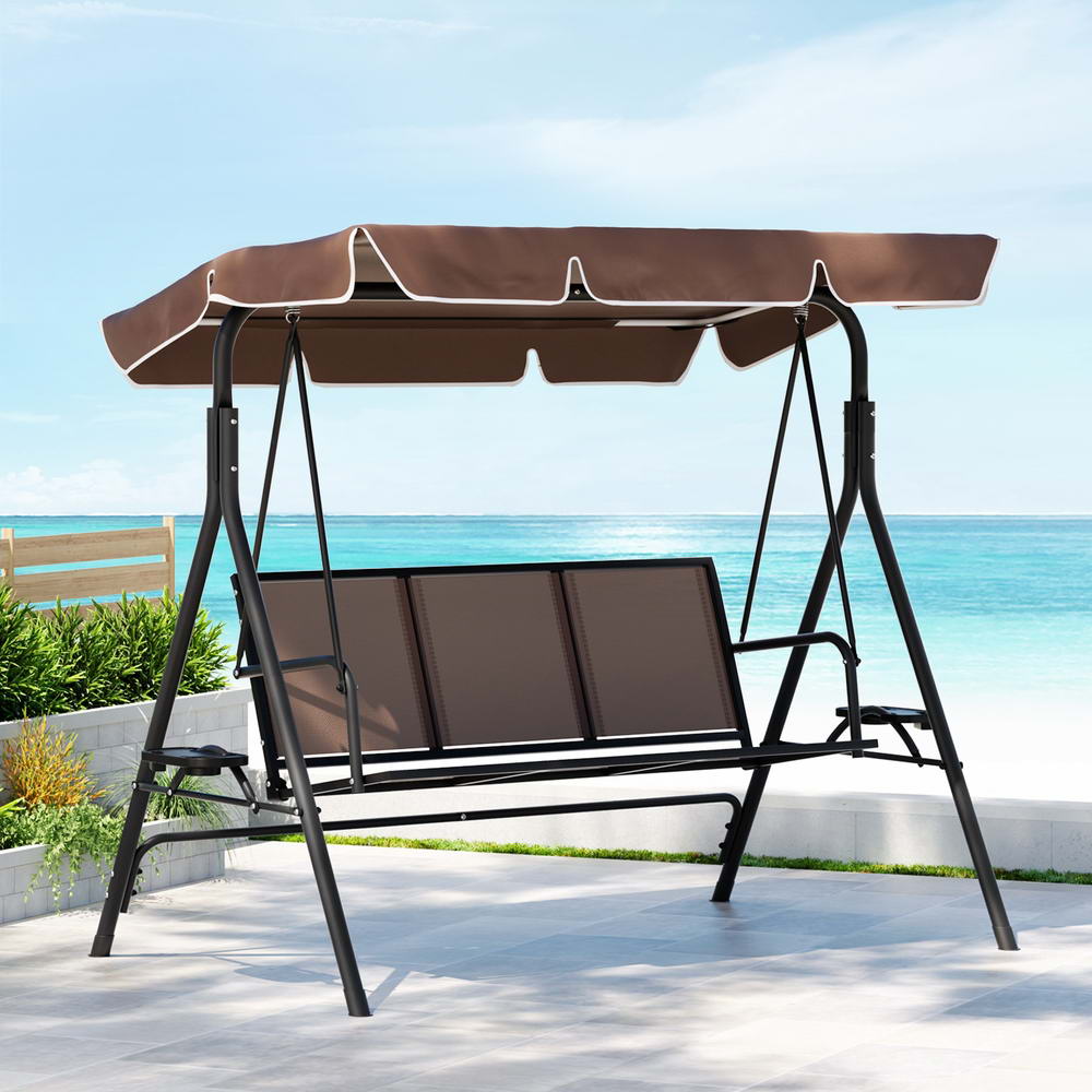 Gardeon Outdoor Swing Chair Garden Chair Canopy Cup Holder 3 Seater Brown - Image 1