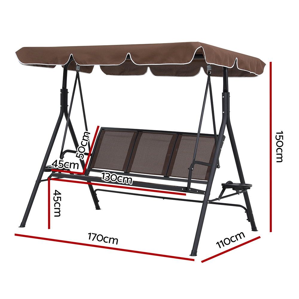 Gardeon Outdoor Swing Chair Garden Chair Canopy Cup Holder 3 Seater Brown - Image 3
