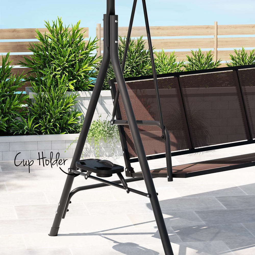 Gardeon Outdoor Swing Chair Garden Chair Canopy Cup Holder 3 Seater Brown - Image 4