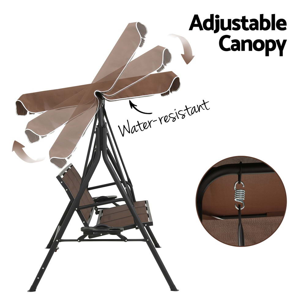 Gardeon Outdoor Swing Chair Garden Chair Canopy Cup Holder 3 Seater Brown - Image 5