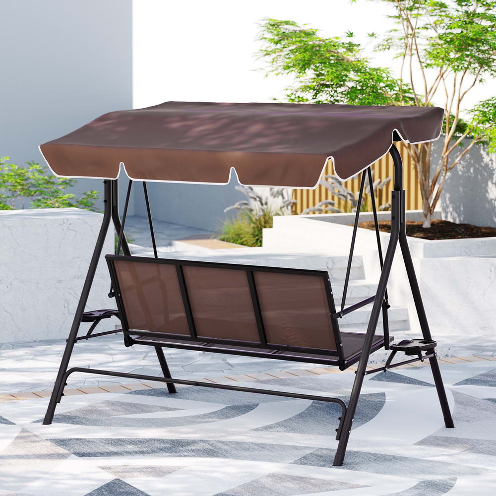 Gardeon Outdoor Swing Chair Garden Chair Canopy Cup Holder 3 Seater Brown - Image 6
