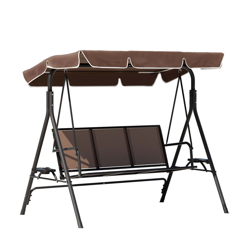 Gardeon Outdoor Swing Chair Garden Chair Canopy Cup Holder 3 Seater Brown - Image 7