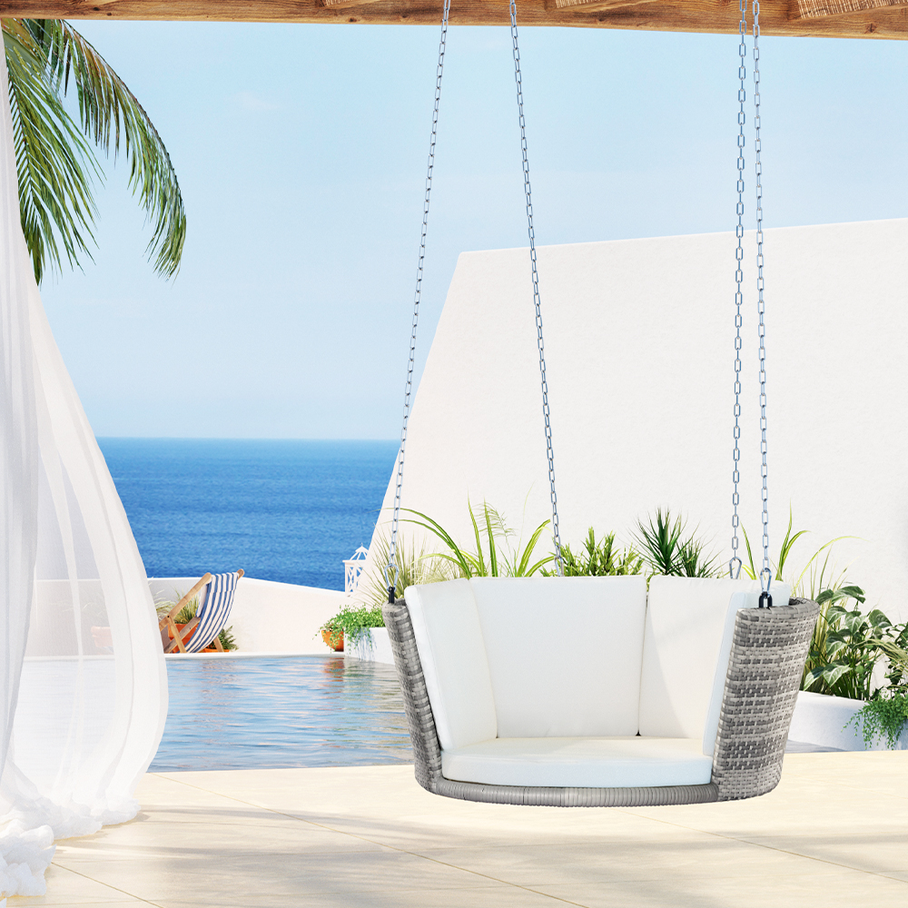 Gardeon Rattan Porch Swing Chair With Chain Cushion Outdoor Furniture Grey - Image 1