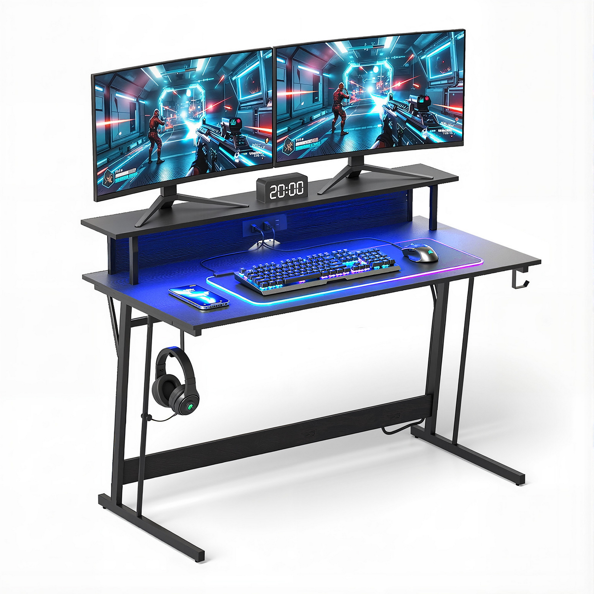 Artiss Gaming Desk with LED Lights Computer Desk Table with Monitor Shelf Power 120cm - Image 1