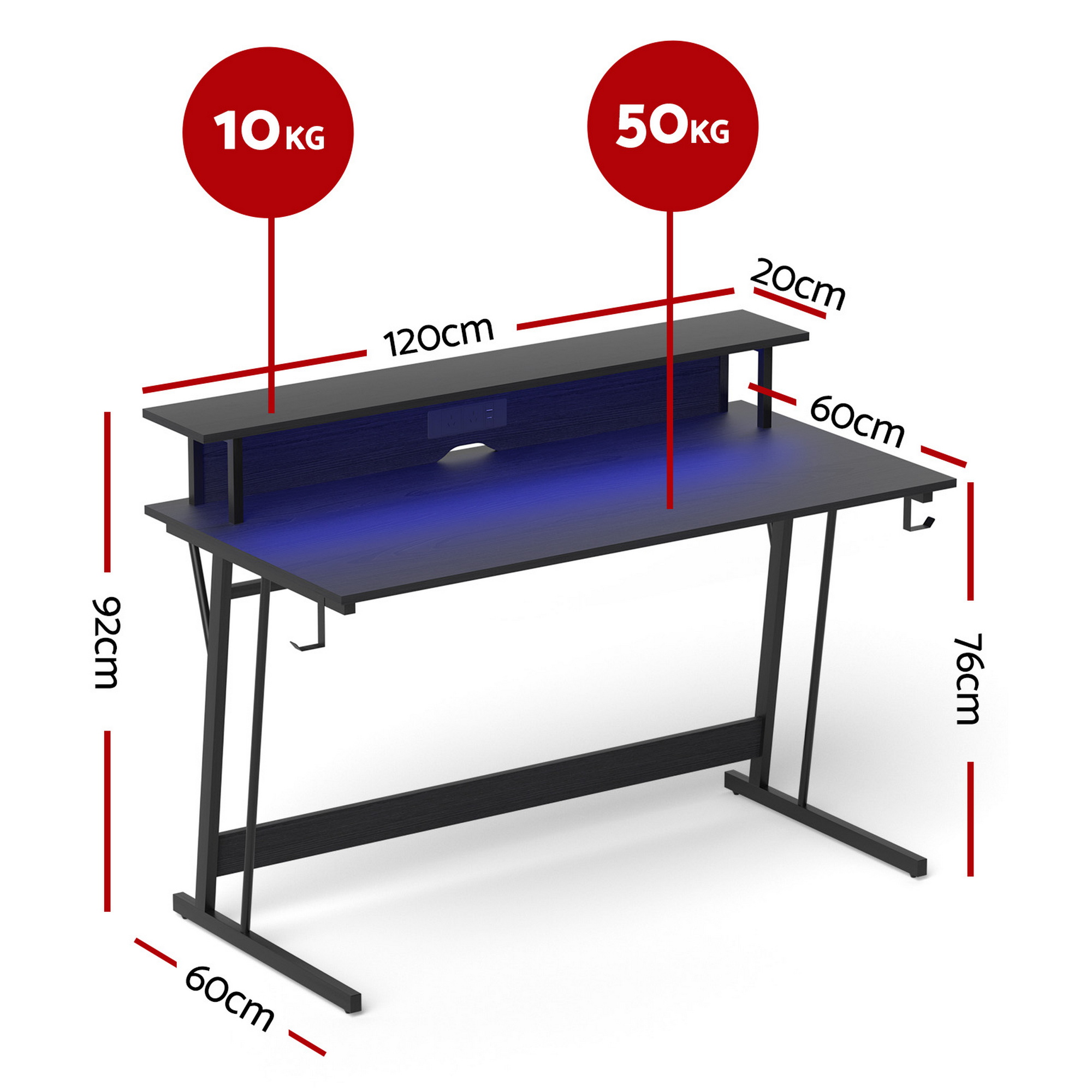 Artiss Gaming Desk with LED Lights Computer Desk Table with Monitor Shelf Power 120cm - Image 2