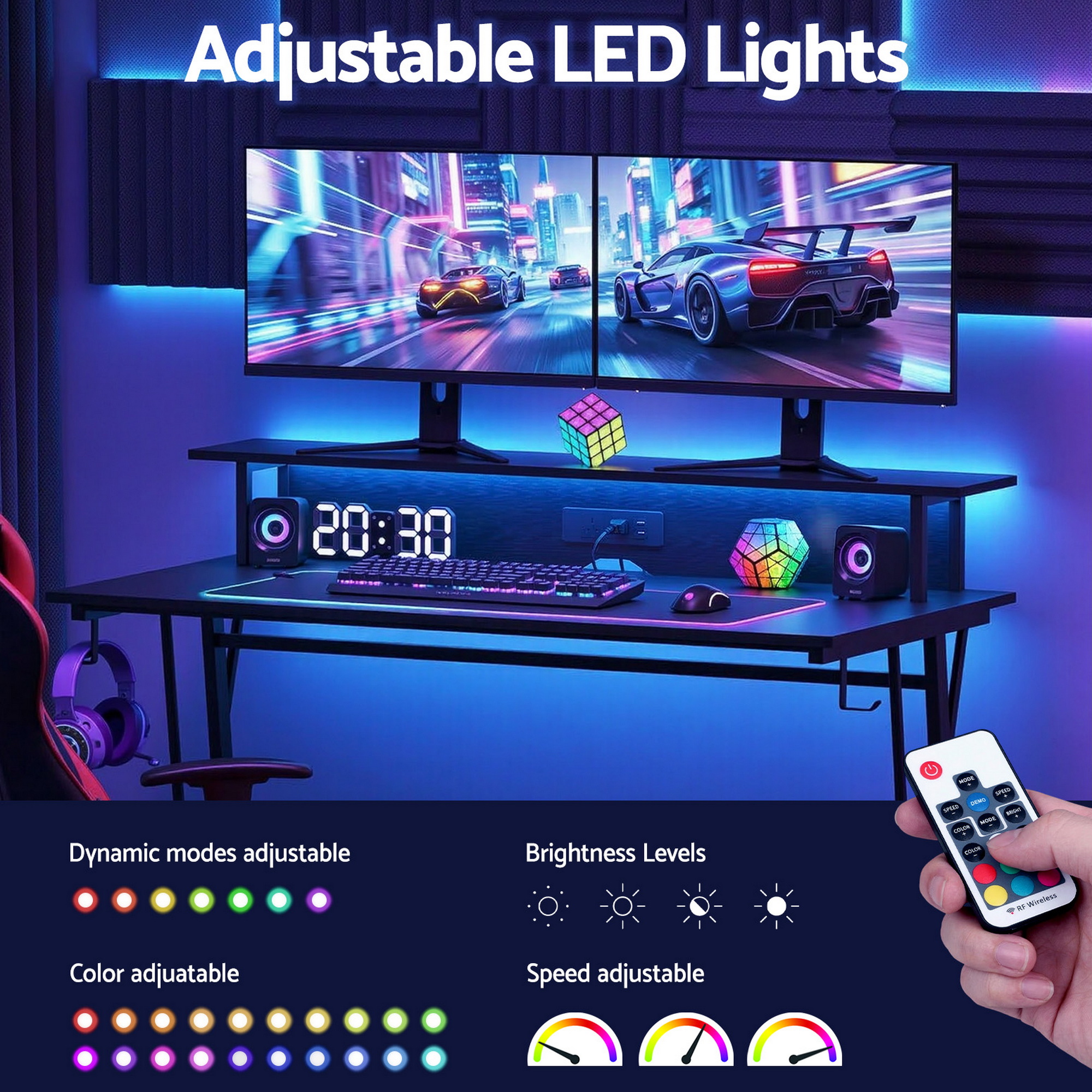 Artiss Gaming Desk with LED Lights Computer Desk Table with Monitor Shelf Power 120cm - Image 5