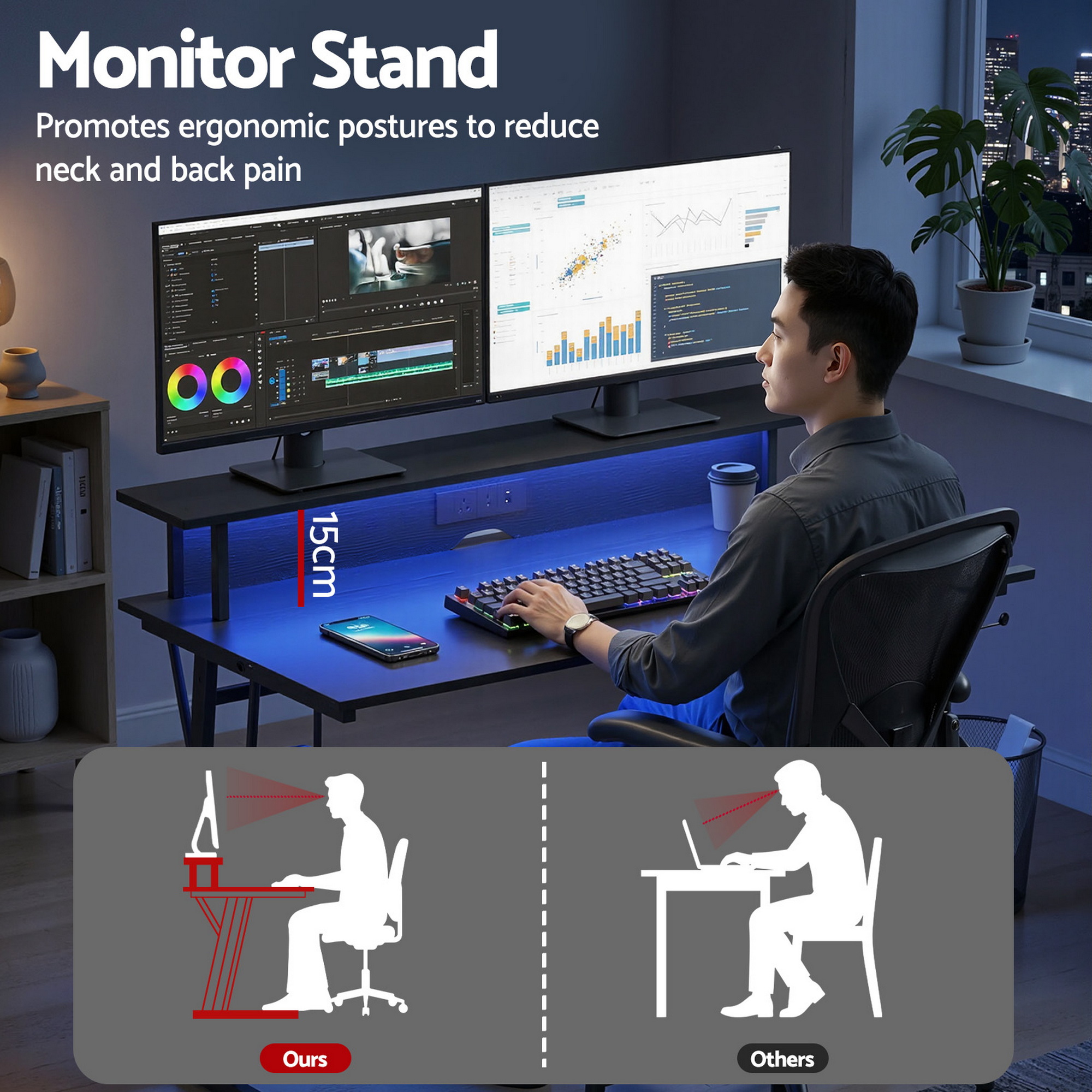 Artiss Gaming Desk with LED Lights Computer Desk Table with Monitor Shelf Power 120cm - Image 6