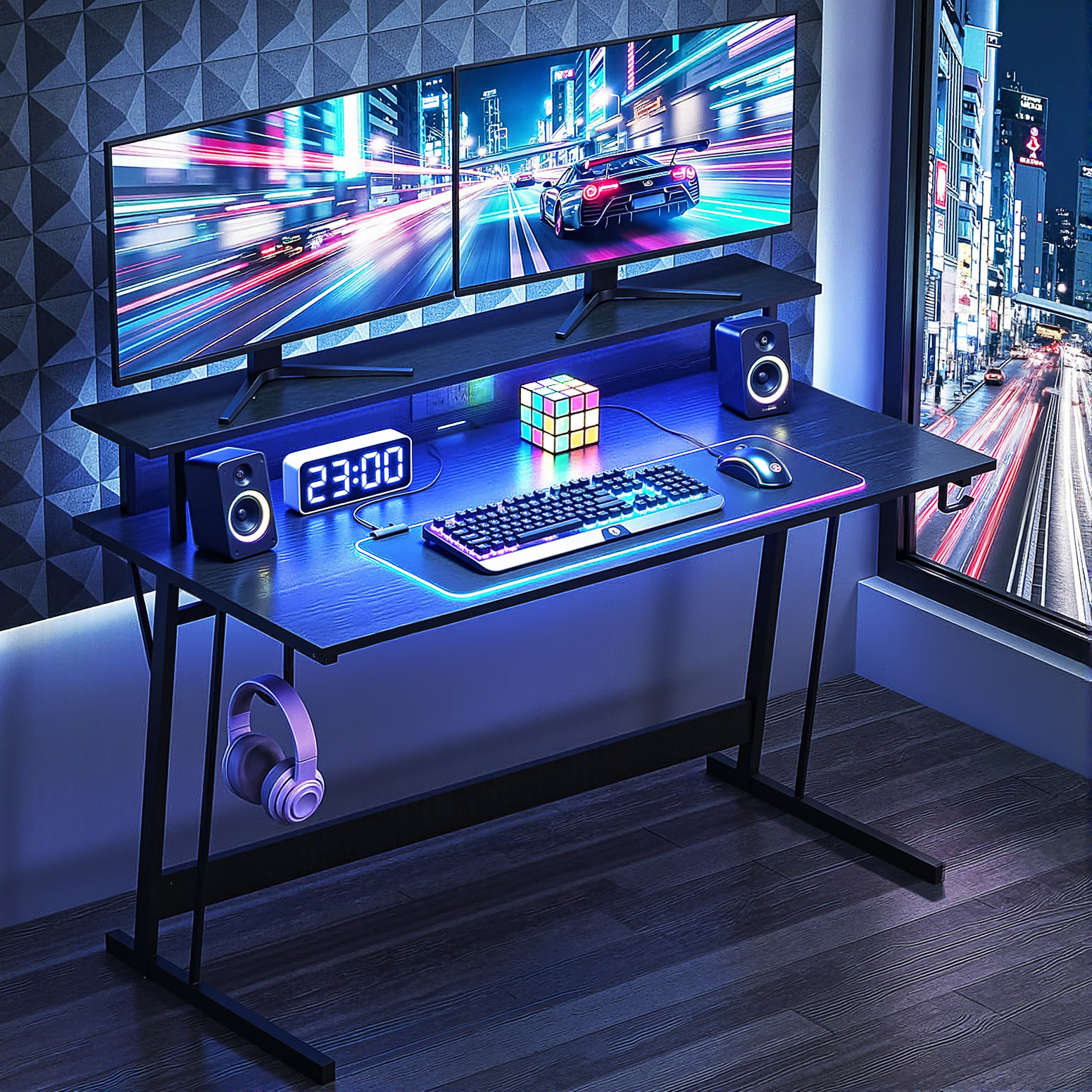 Artiss Gaming Desk with LED Lights Computer Desk Table with Monitor Shelf Power 120cm - Image 8