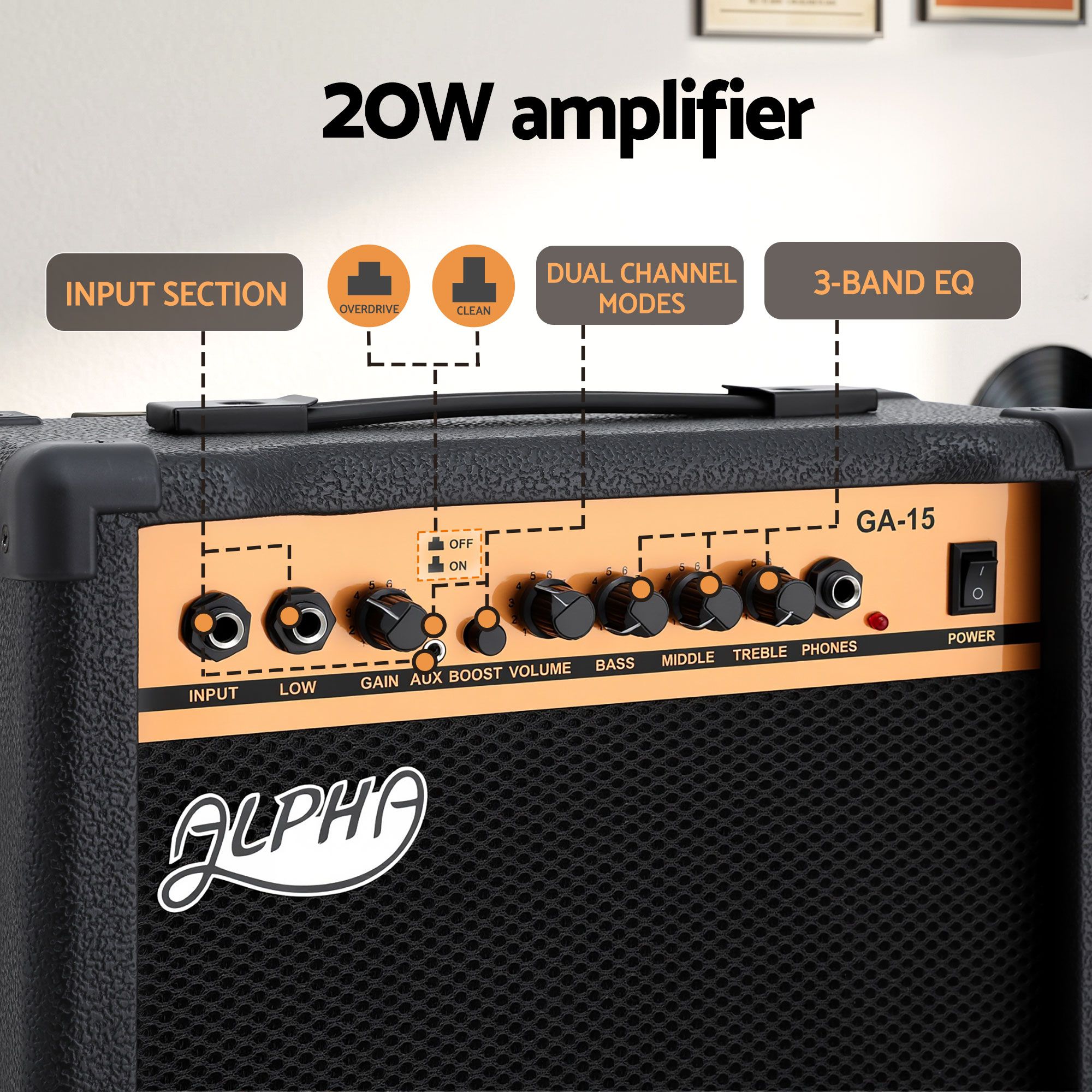 Alpha 20W Guitar Amplifier Portable Practice Amp Overdrive 3-Band EQ Black - Image 4
