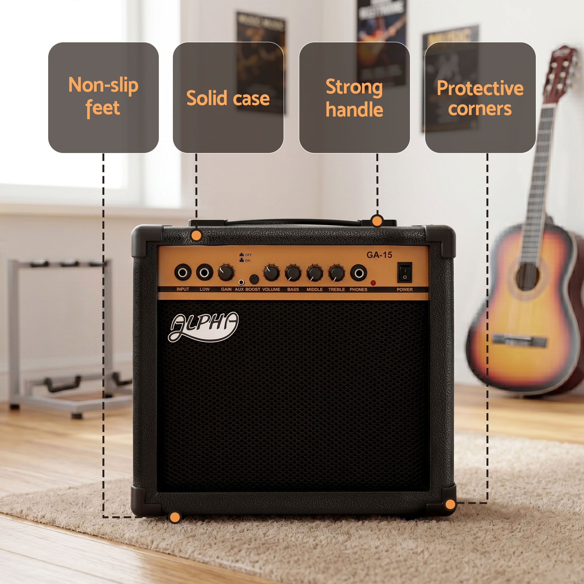 Alpha 20W Guitar Amplifier Portable Practice Amp Overdrive 3-Band EQ Black - Image 5