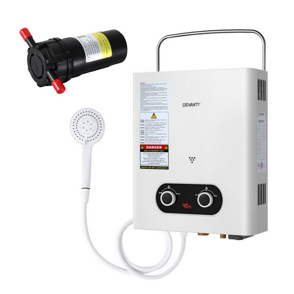 Devanti Portable Gas Water Heater LPG-powered System White With Pump - Image 1