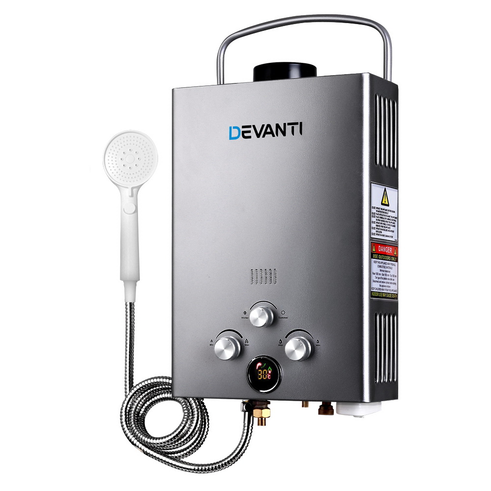 Devanti Portable Gas Water Heater 8L/Min With Pump LPG System Grey - Image 1